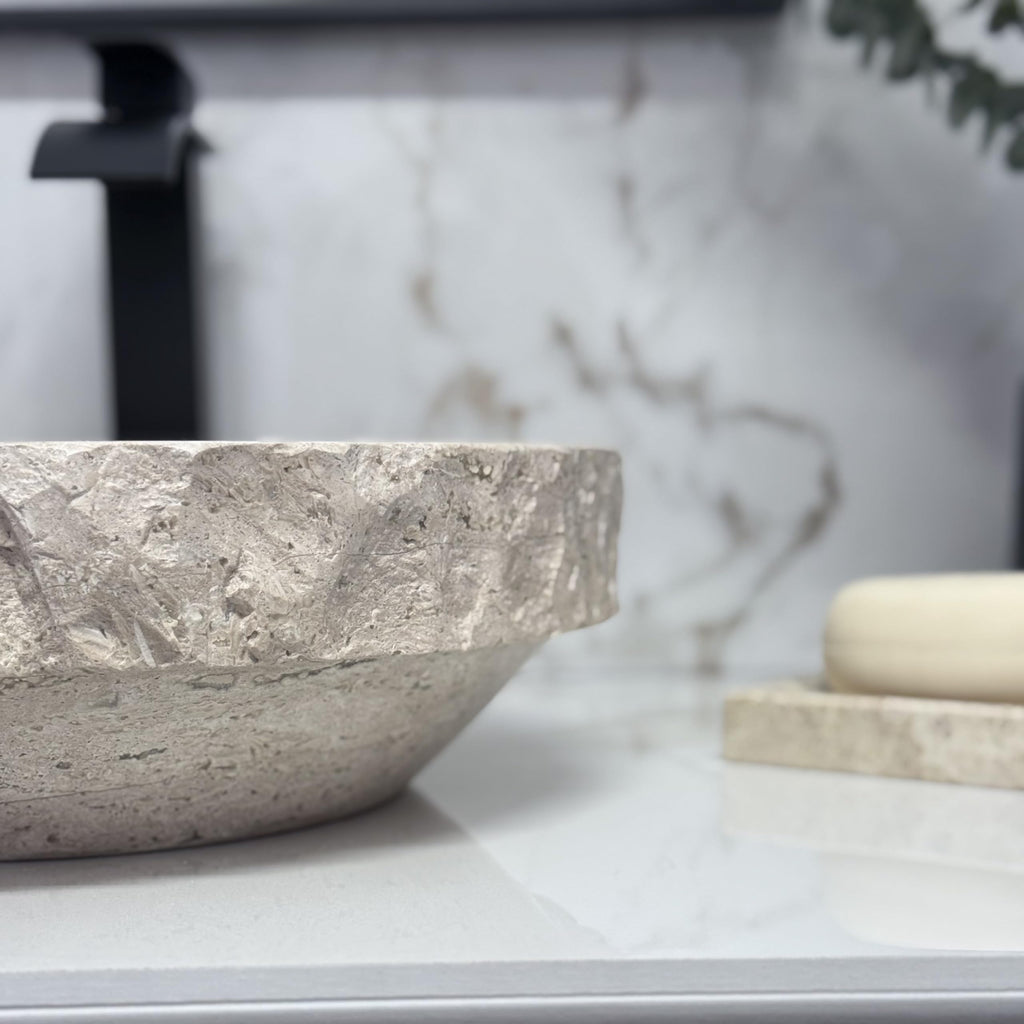 Oval Travertine Vessel Sink â Natural Stone Wash Basin, Hand-Carved Bathroom Sink with Chiseled Exterior & Polished Interior, Above Counter Vanity Basin (Includes Matching Soap Tray)