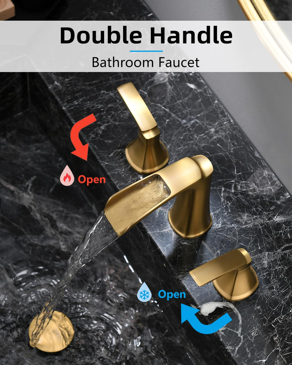 Fapully Brushed Nickel Bathroom Faucet 3 Hole, Waterfall 8 Inch Widespread Bathroom Sink Faucet with Pop-up Drain, Two-Handle Faucet for Bathroom Sink