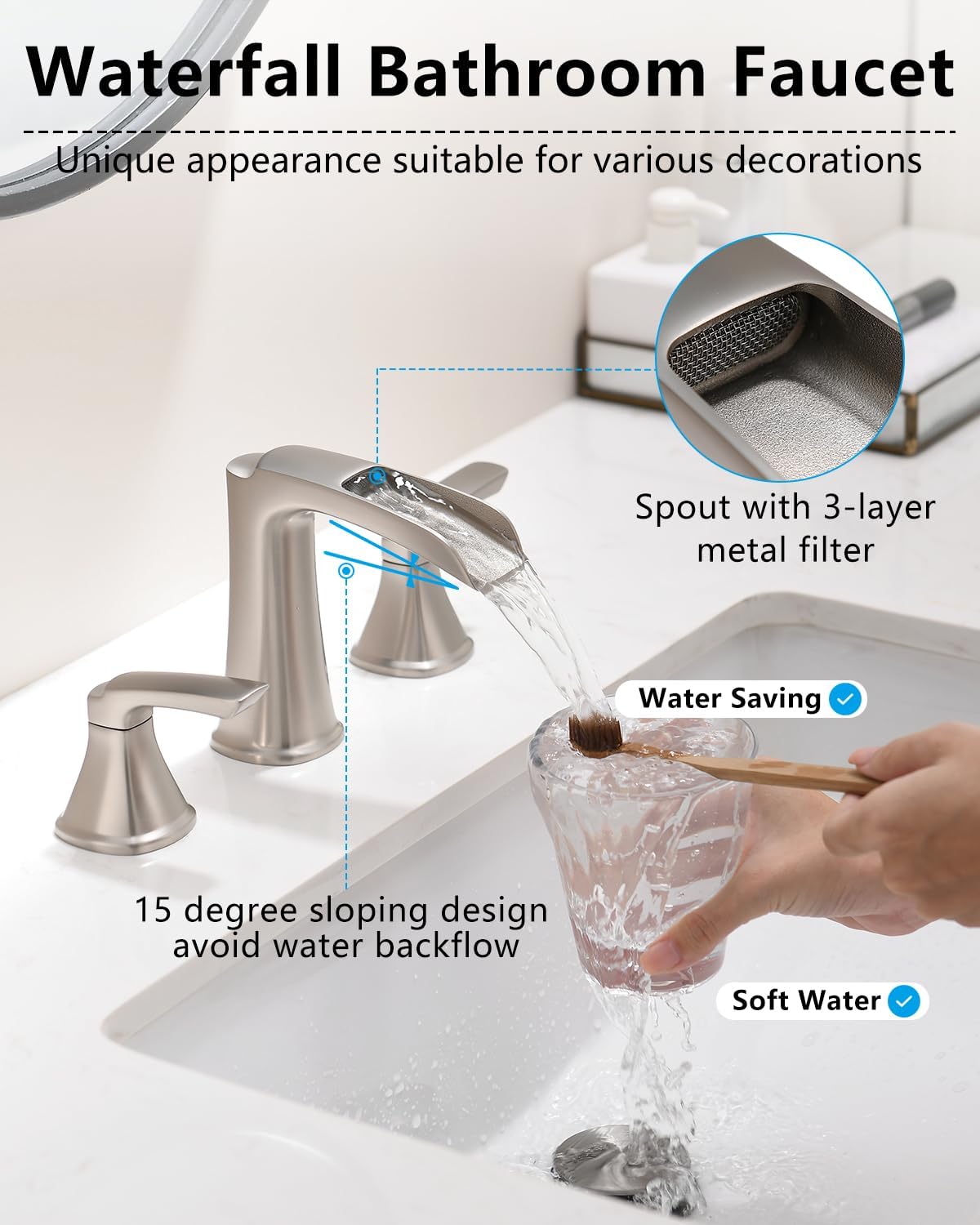 Fapully Brushed Nickel Bathroom Faucet 3 Hole, Waterfall 8 Inch Widespread Bathroom Sink Faucet with Pop-up Drain, Two-Handle Faucet for Bathroom Sink