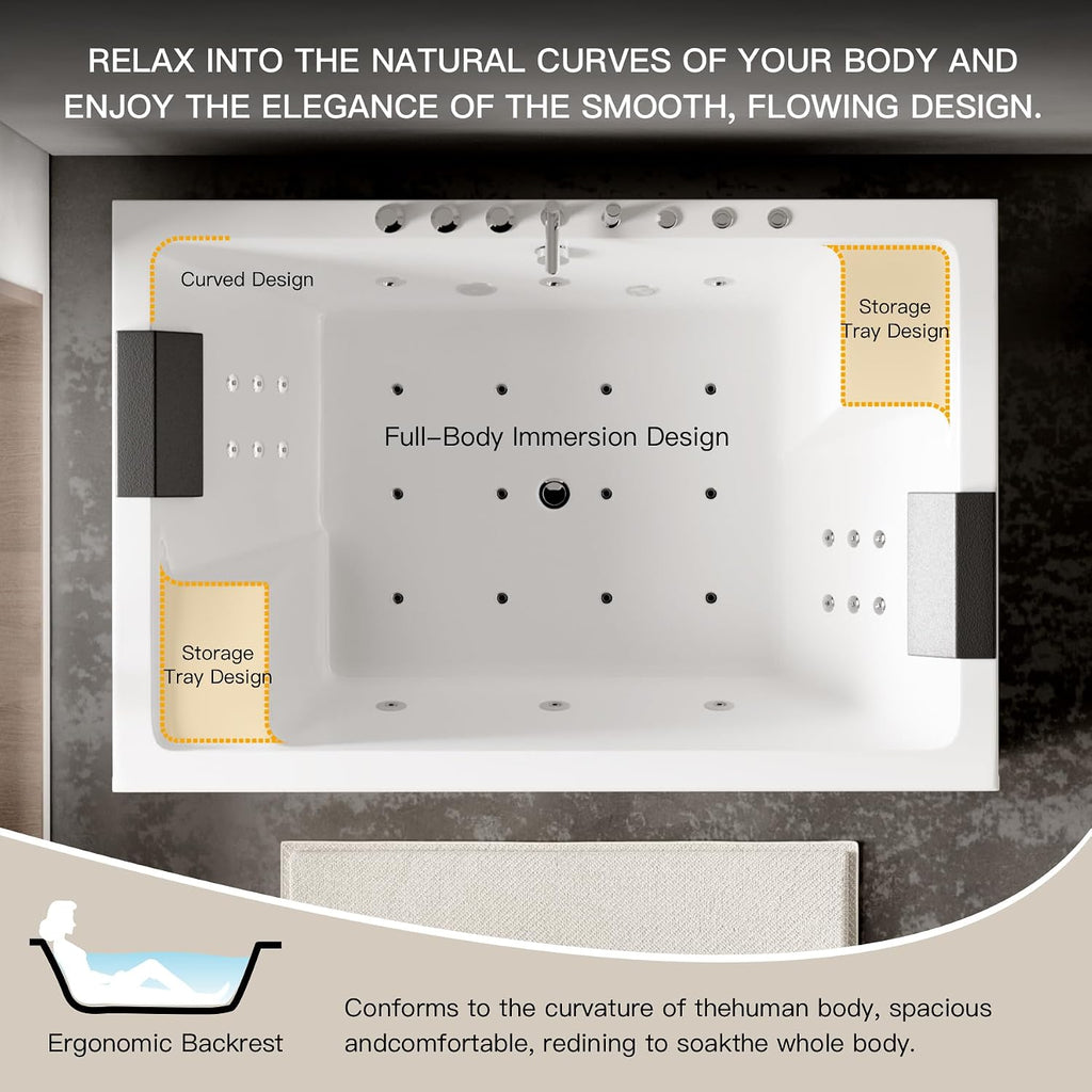 71 x 47-Inch Two-Person Whirlpool Bathtub - 30 Jets