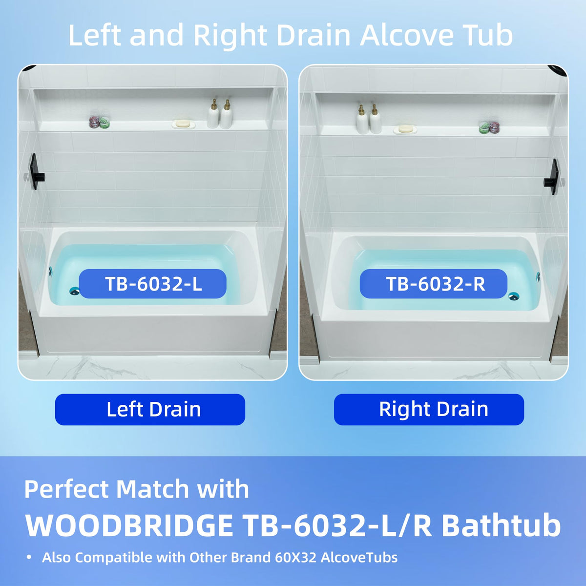WOODBRIDGE 60â x 32â Four-Piece Direct-to-Stud Alcove Tub Surround with Left-Drain Hole Soaking Bathtub Combo in White