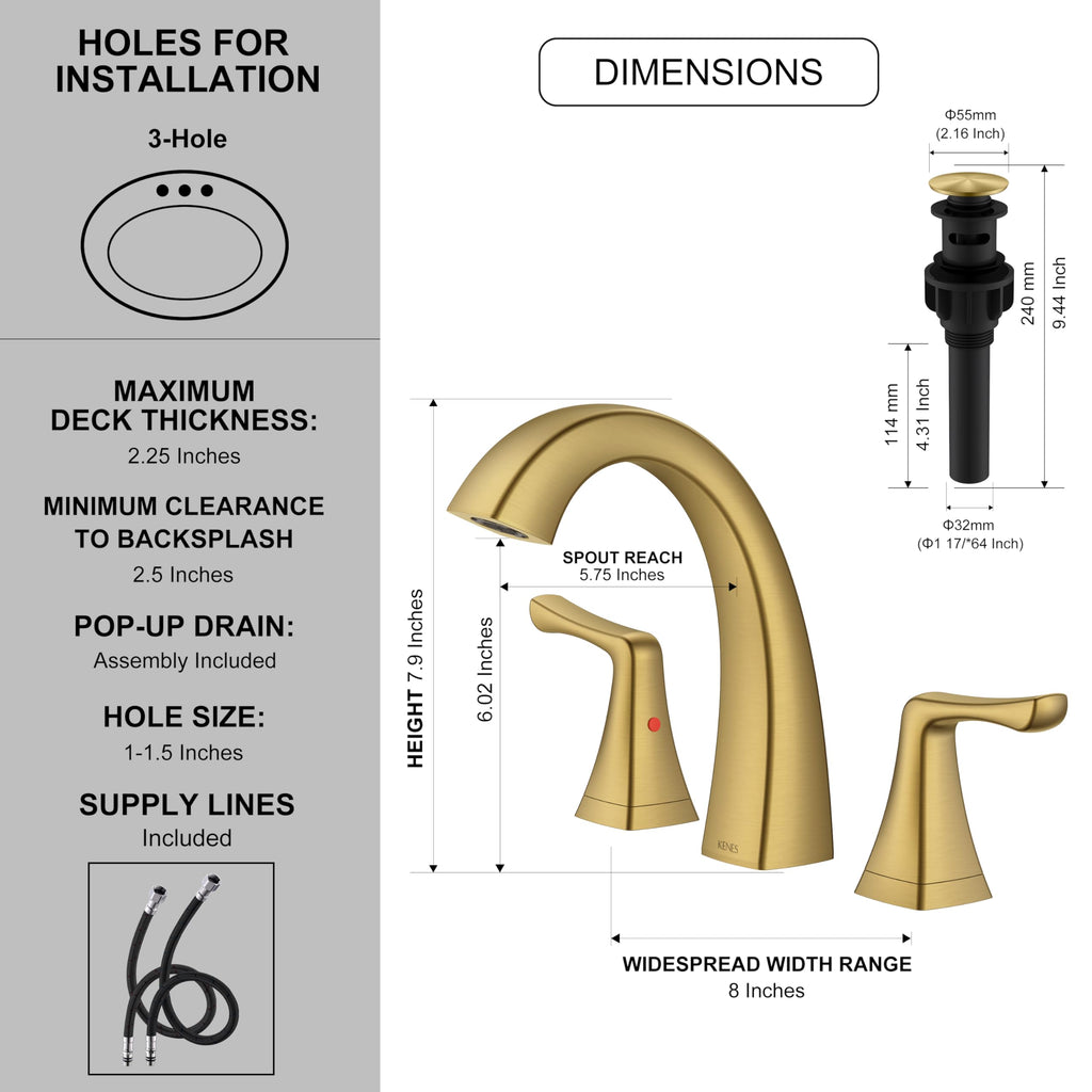 KENES Bathroom Faucets for Sink 3 Hole, Chrome 8 Inch 2 Handle Widespread