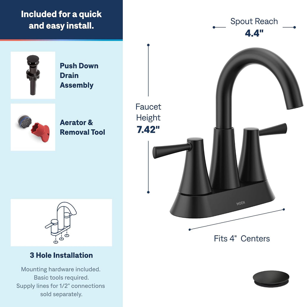 Moen 84022BL Ronan 2-Handle Centerset Bath Faucet w/Drain, Matte Black