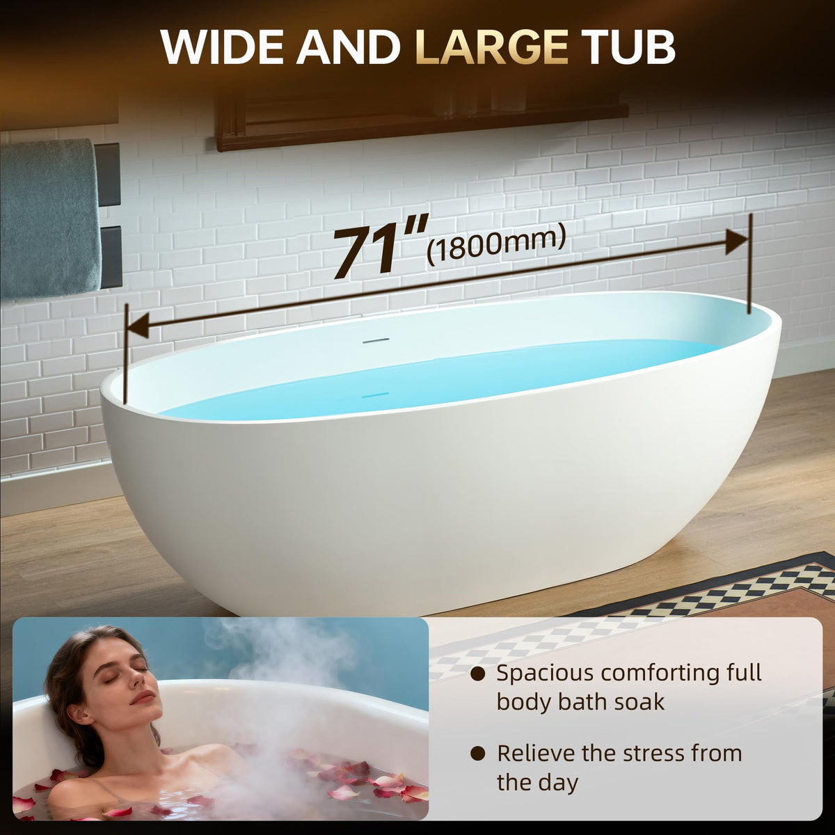 WOODBRIDGE 61" Stone Resin Freestanding Soaking Tub, Modern Oval Solid Surface Bathtub with Integrated Slotted Overflow & Drain, Matte White