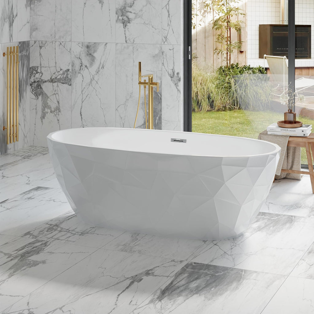 59 Inch Freestanding Bathtubs, White Acrylic Free Standing Bathtub, Modern Soaking Tub with Integrated Overflow & Chrome Drain for Bathroom Remodel