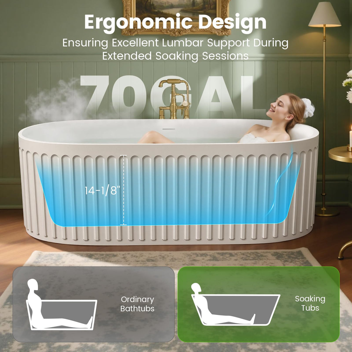 61''Stone Resin Freestanding Bathtub,Solid Surface Soaking Tub with Deep Bath Design, Modern Oval Free Standing Tub with Integrated Drain & Hidden Overflow, Starry Gray