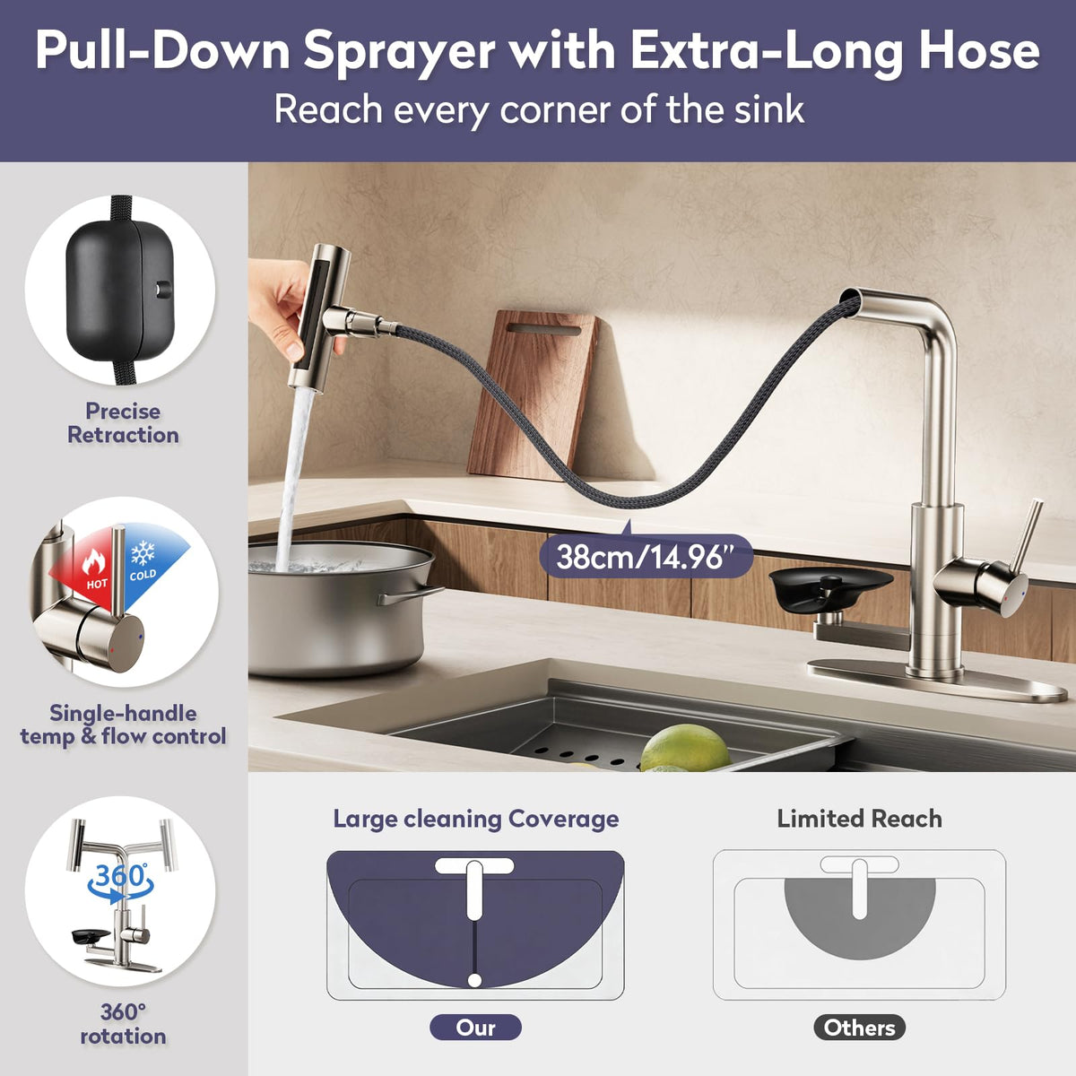 HOWUWEY Black Kitchen Faucet with Pull Down Sprayer & Cup Washer