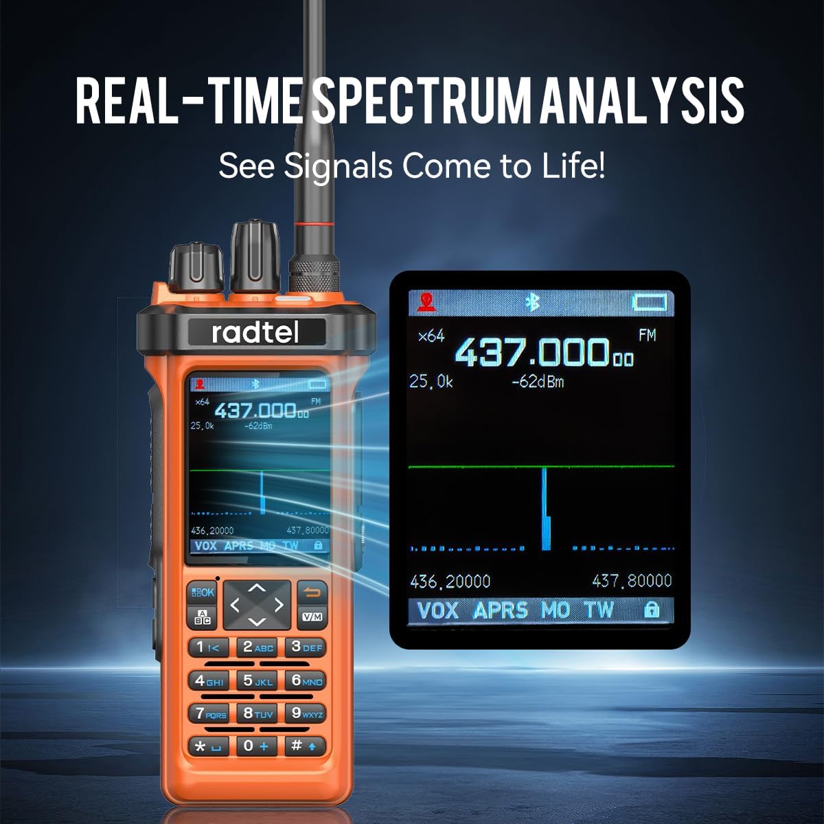 Radtel RT-950 PRO Ham Radio GPS/APRS, 10W Walkie Talkie Long Range Handheld Two Way Radio, SW/MW/LW RX, Bluetooth APP Programming, NOAA, Spectrum Analyzer,Orange(with Programming Cable)