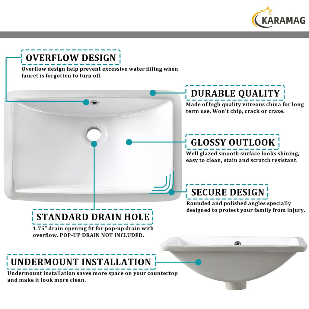 27 Inch Undermount Bathroom Sink with Overflow Rectangle Sinks