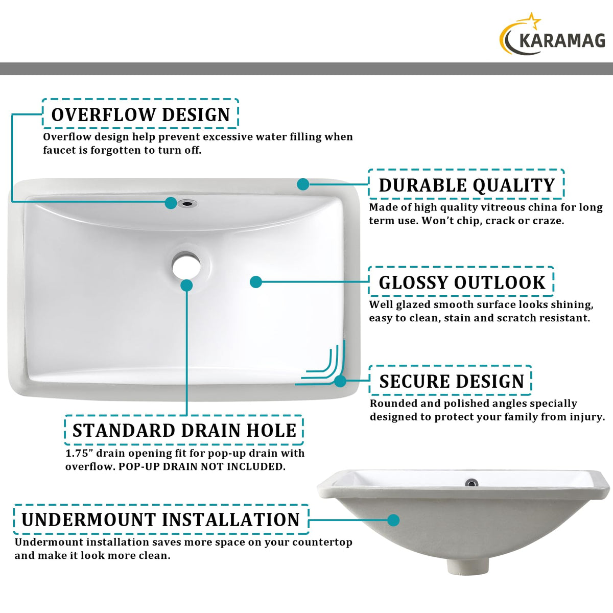 27 Inch Undermount Bathroom Sink with Overflow Rectangle Sinks