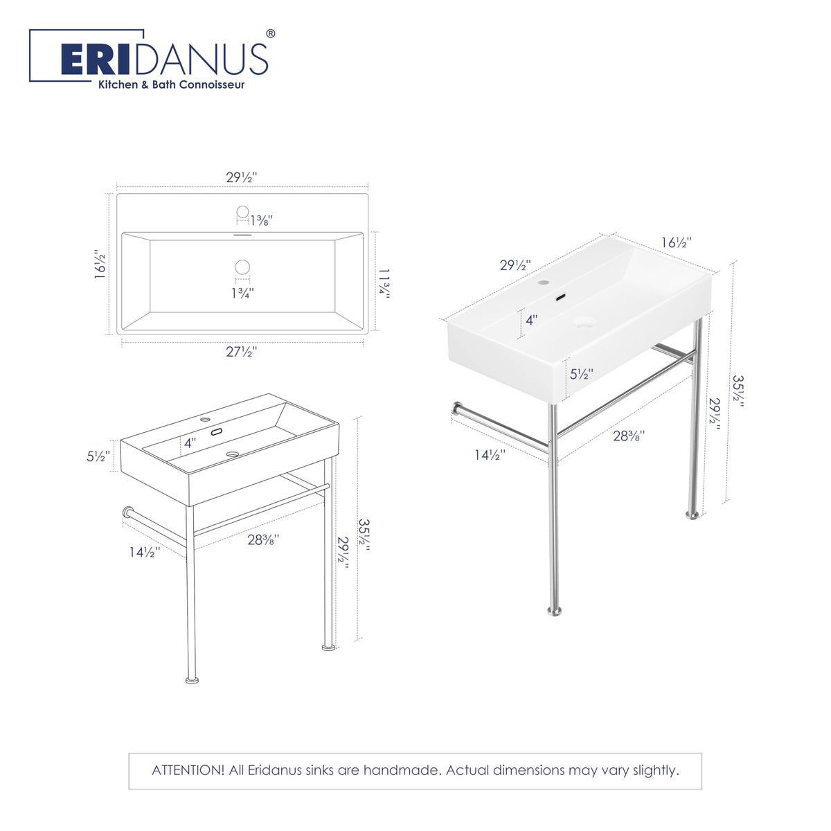 Eridanus 24"x16" Console Bathroom Sink, Free Standing 30 Inch Stainless Steel Support Pedestal Legs, Wall Mount White Vessel Ceramic Vanity Basin, Modern Rectangular Sinks Porcelain, Matte Black