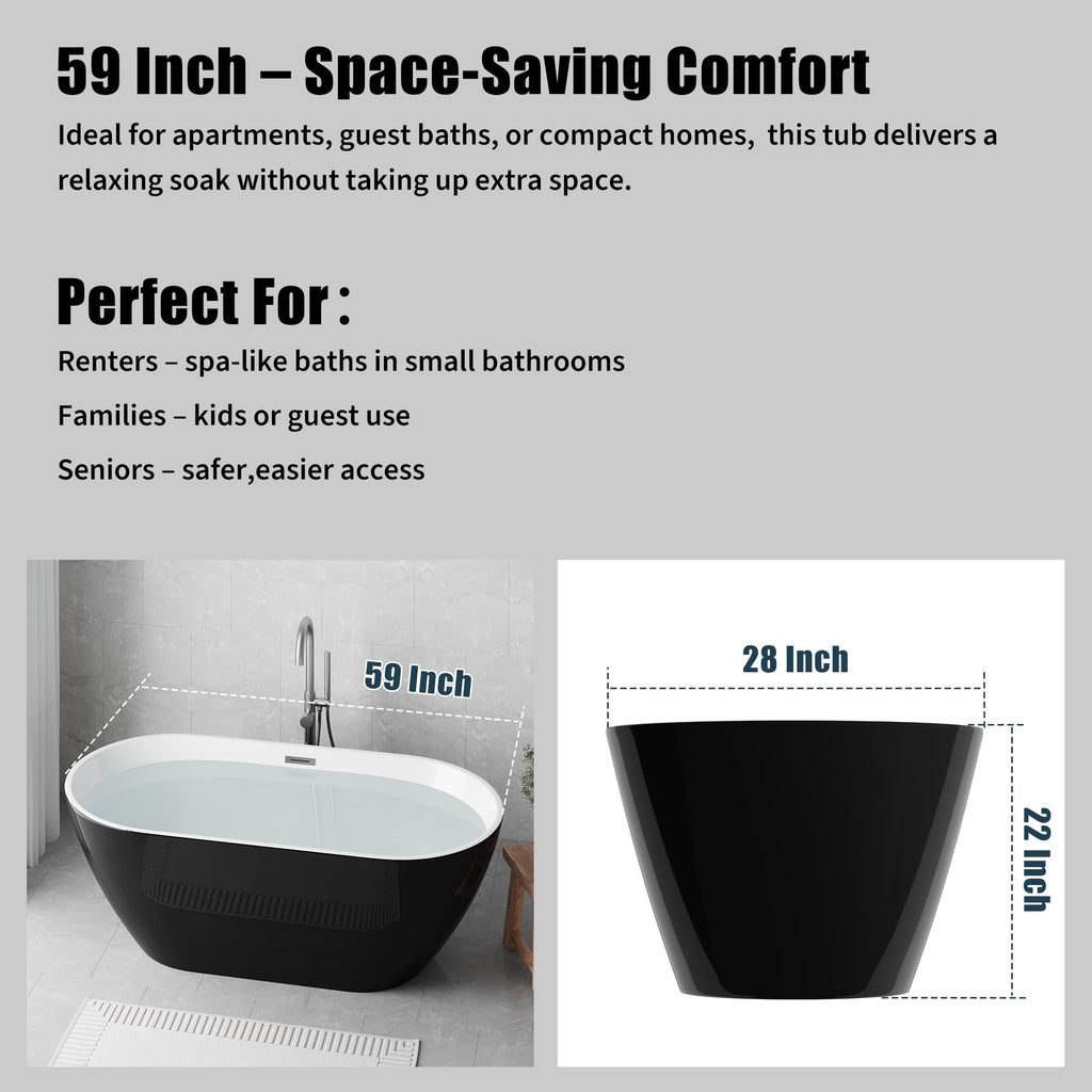 59 Inch Freestanding Bathtubs, White Acrylic Free Standing Bathtub, Modern Soaking Tub with Integrated Overflow & Chrome Drain for Bathroom Remodel