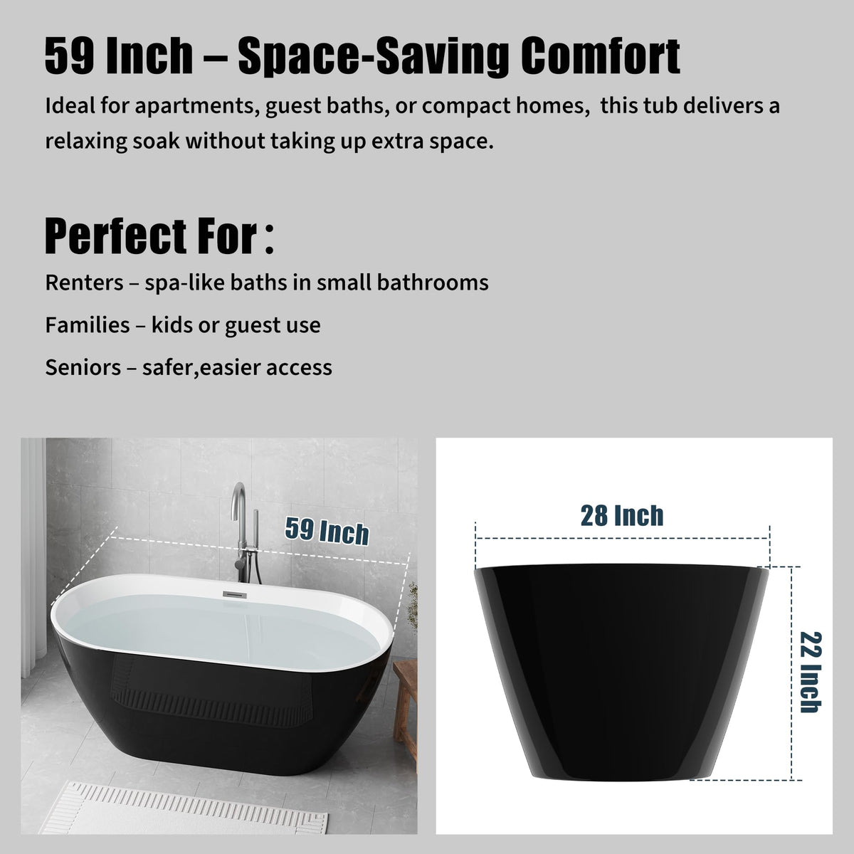 Freestanding Bathtub 59 inch Acrylic Free Standing Tub 59 Inch, Free Standing Tub with Chrome Drain & Overflow, Ergonomic Stand Alone Tub for Small Bathroom or Home Spa