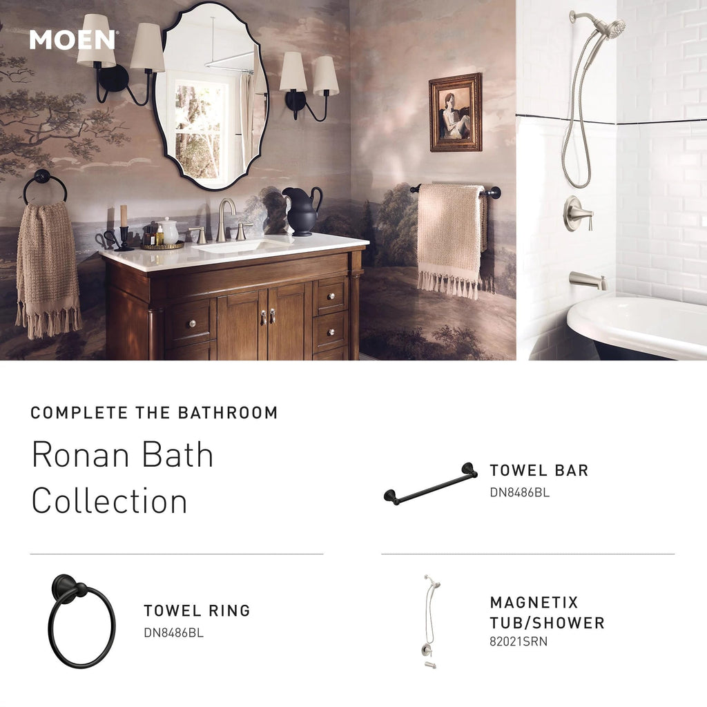 Moen Ronan Matte Black Double Bend Single Hole Modern Bathroom Sink Faucet with Optional Deckplate and Spring Loaded Drain Assembly, 84024BL
