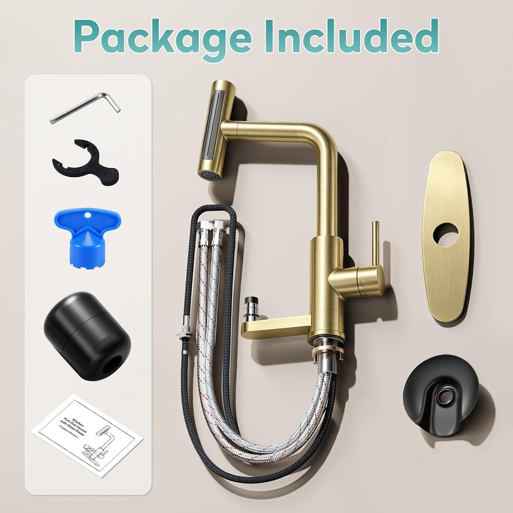 MIAOHUI Brushed Gold Kitchen Faucet with Glass Rinser, 4 Modes
