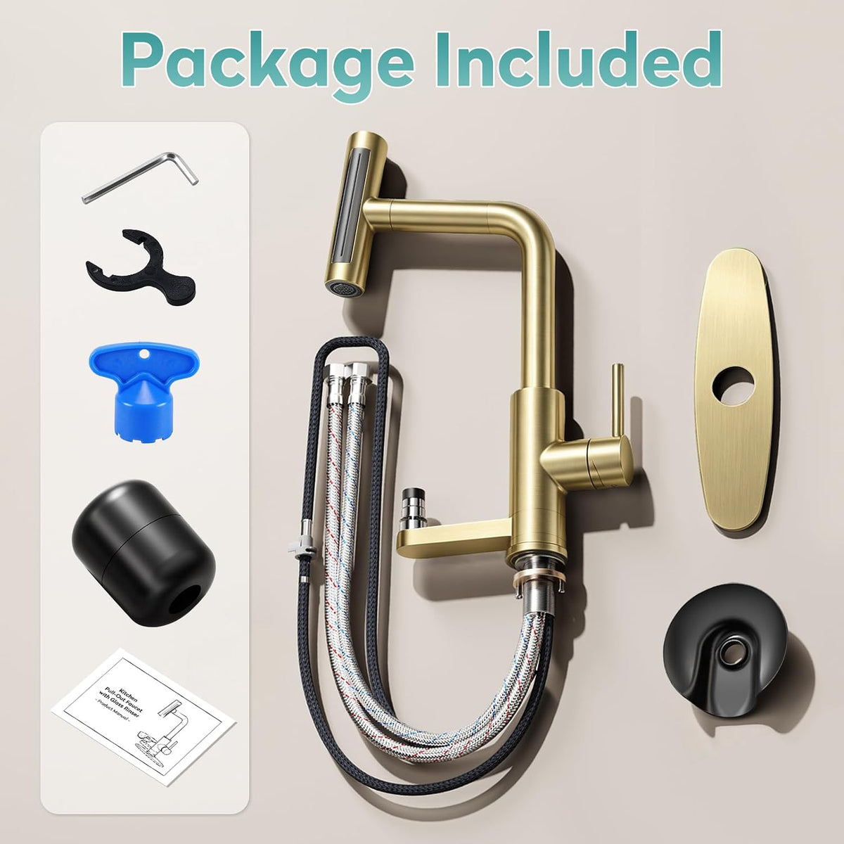 MIAOHUI Brushed Gold Kitchen Faucet with Glass Rinser, 4 Modes