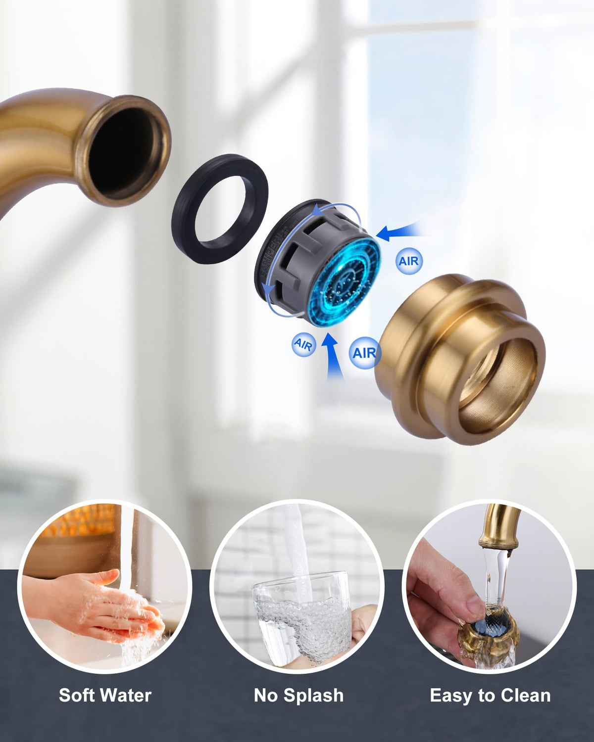 WOWOW Brass Bridge Kitchen Faucet 4 Hole with Side Sprayer, Brushed Gold
