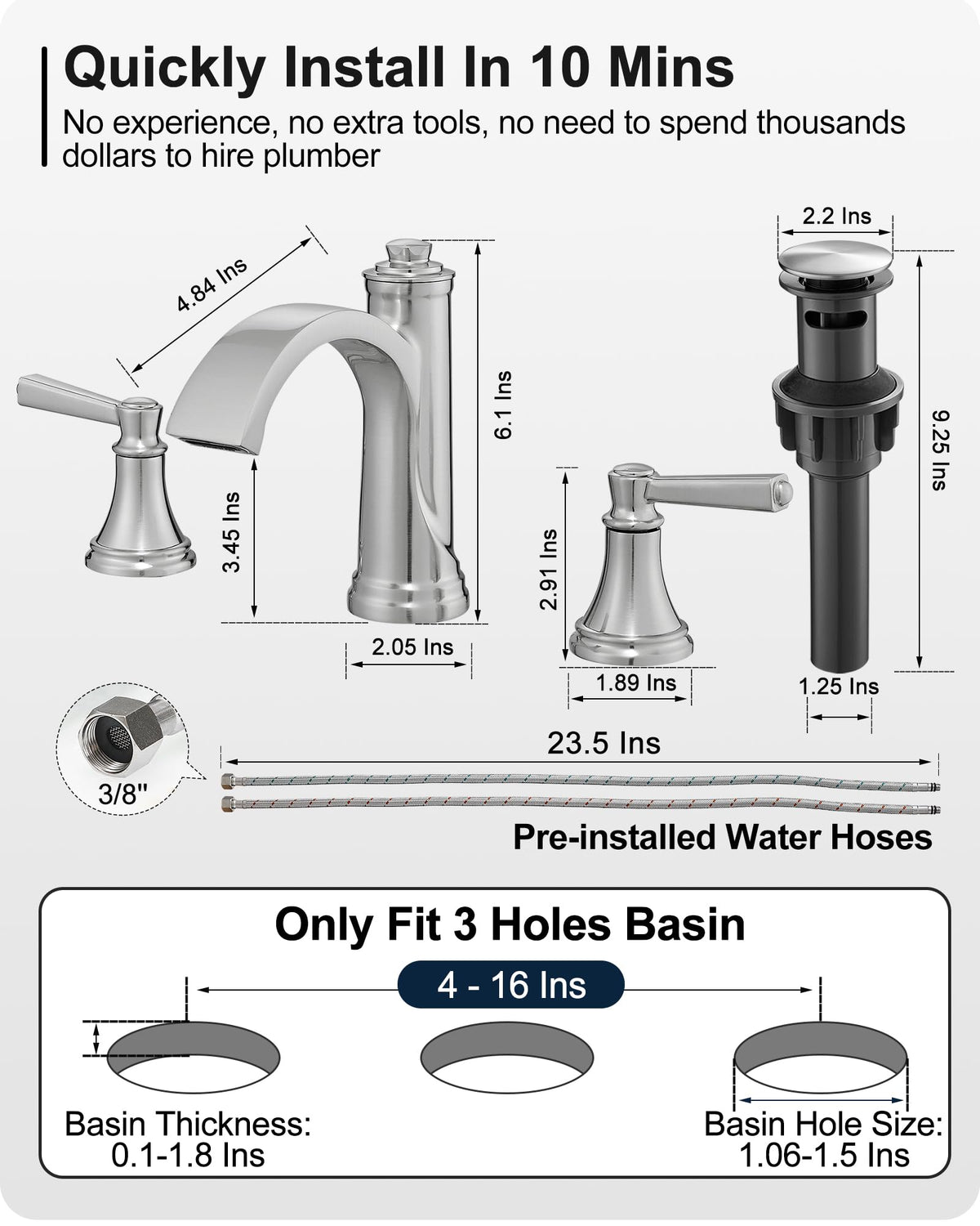 Waterfall Bathroom Faucet 3 Hole, 4-16 Inch Oil Rubbed Bronze Bathroom Faucet, Brass Bathroom Sink Faucet, 2 Handle Bathroom Faucets, Bathroom Vanity Faucet with Pop-Up Drain, Water Hoses