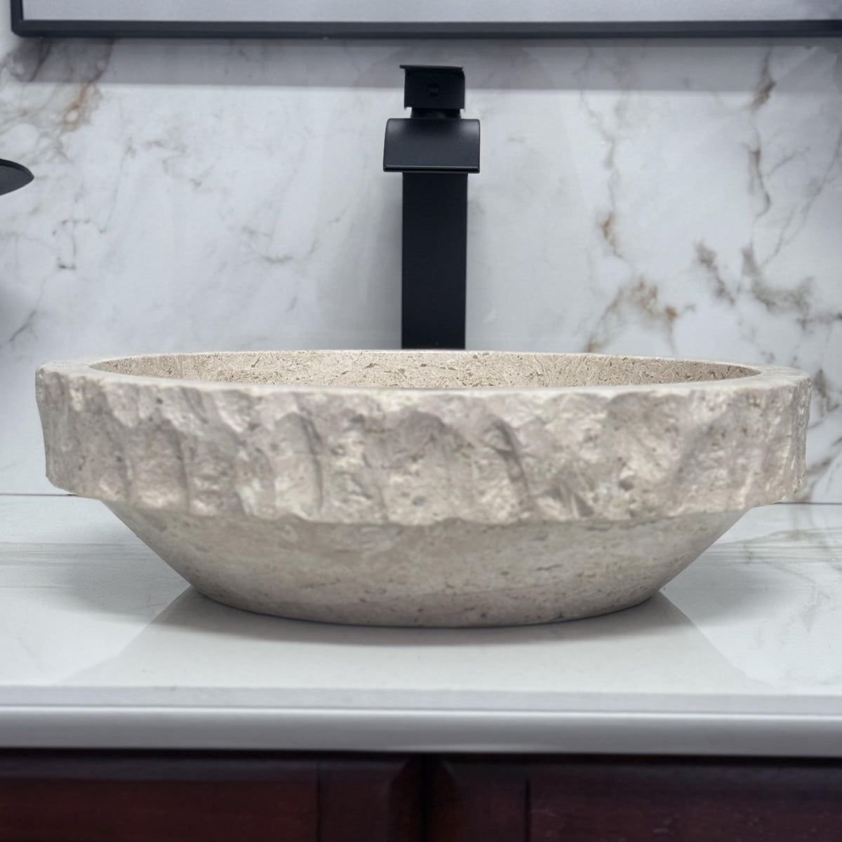 Oval Travertine Vessel Sink â Natural Stone Wash Basin, Hand-Carved Bathroom Sink with Chiseled Exterior & Polished Interior, Above Counter Vanity Basin (Includes Matching Soap Tray)