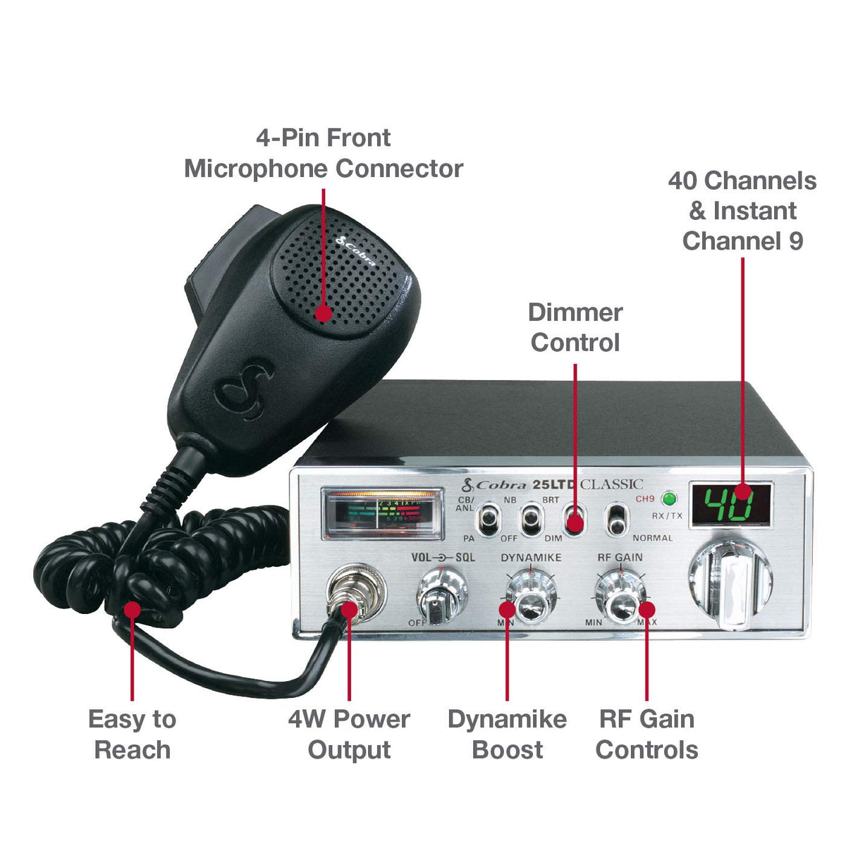 Cobra 29NW Classic Professional CB Radio - Emergency Radio, Travel Essentials, Instant Channel 9/19, Full 40 Channels, SWR Calibration and Nightwatch Illumination Display