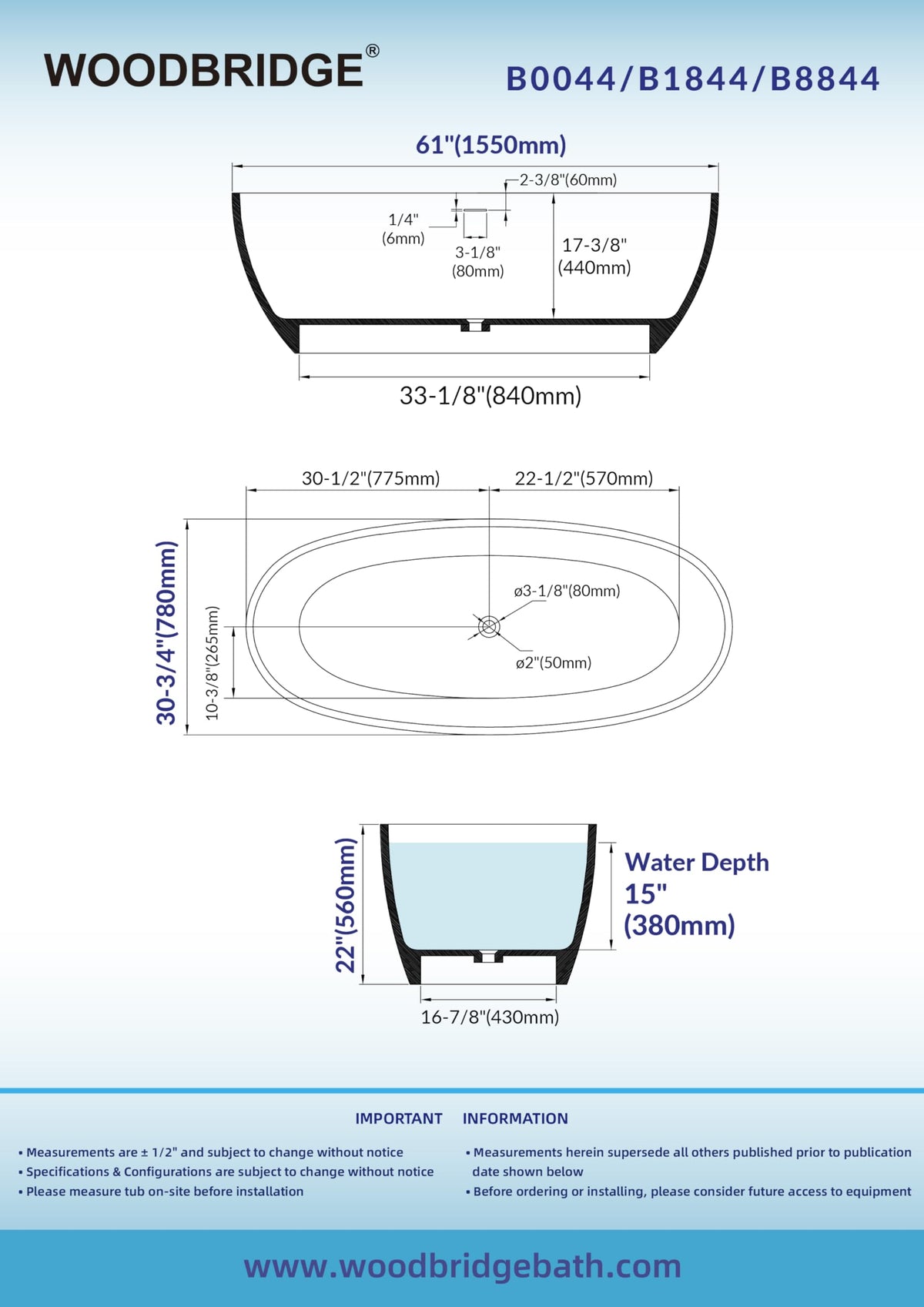 WOODBRIDGE 61" Stone Resin Freestanding Soaking Tub, Modern Oval Solid Surface Bathtub with Integrated Slotted Overflow & Drain, Matte White
