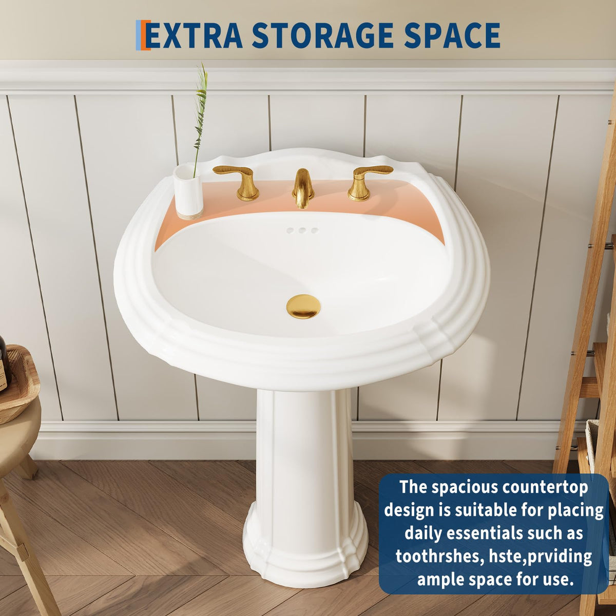 26" W X 20" D Bathroom Pedestal Sink, Rectangular White Ceramic Vanity Sink with Overflow and 3 Pre-Drilled Holes - Fits 8-Inch Faucets,Freestanding Restroom Sink Combo for Small Spaces
