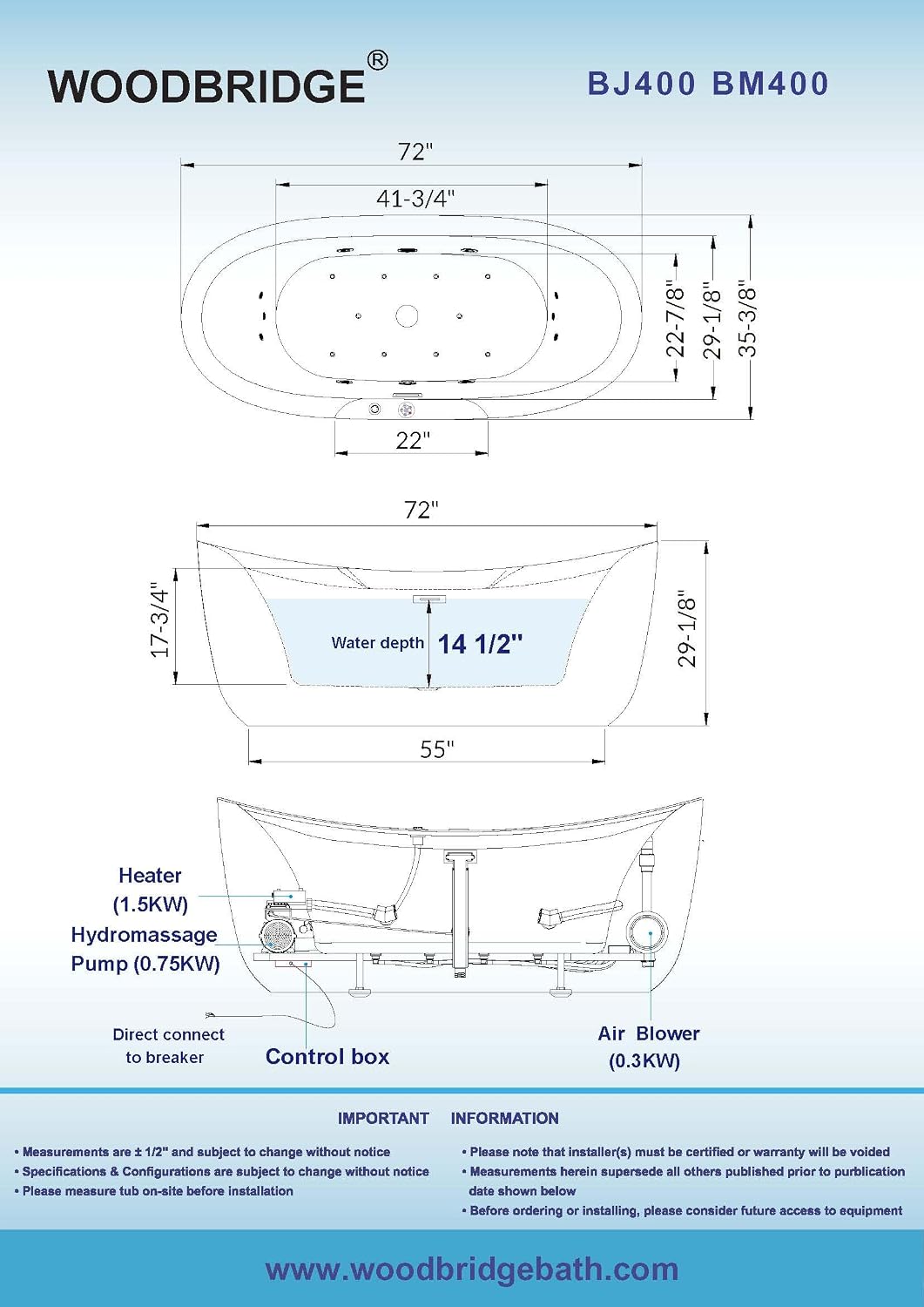 WOODBRIDGE 72"Ã35-3/8" Double Slipper Whirlpool&Air, Heated Soaking Bathtub
