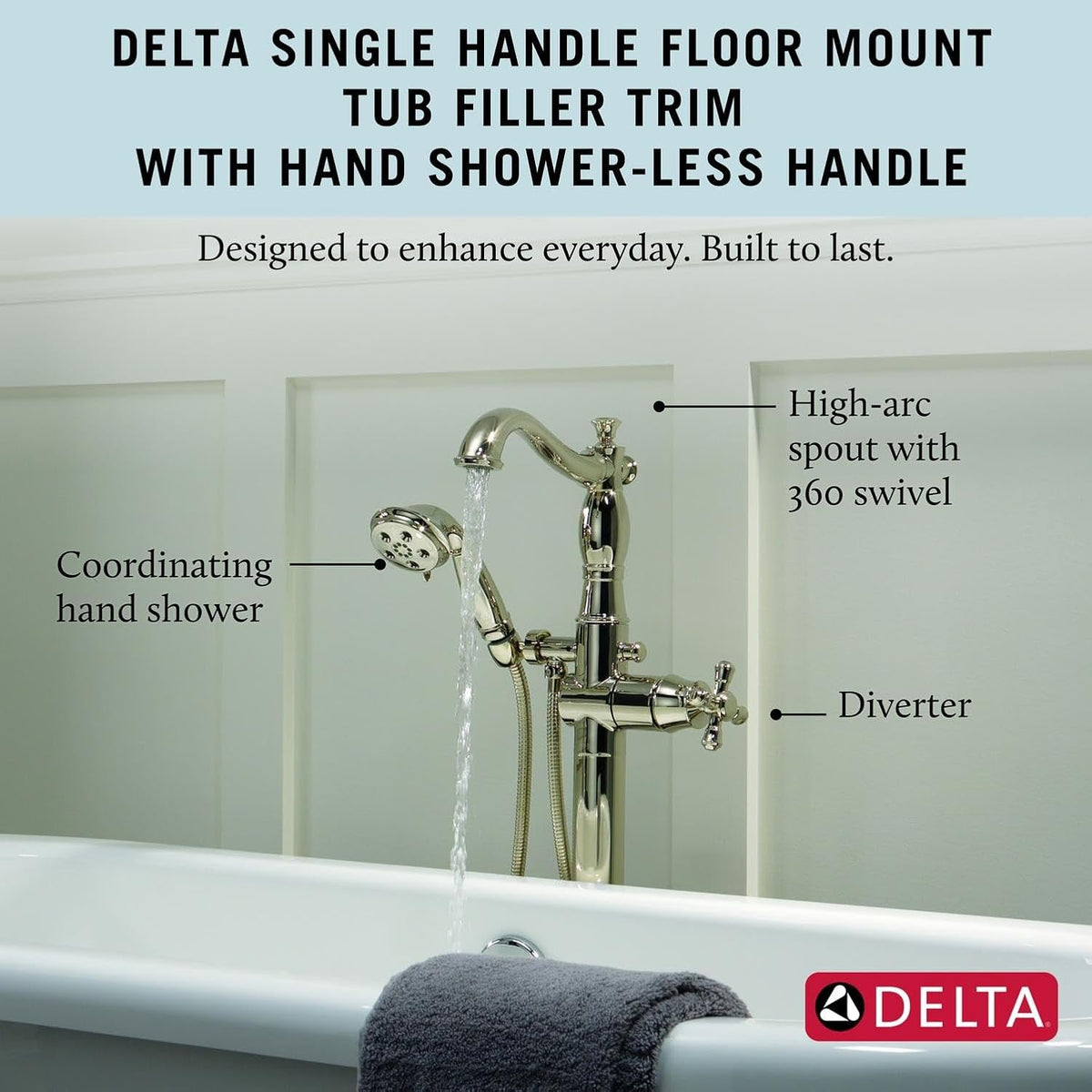 Delta Freestanding Tub Faucet with Hand Held Shower, Polished Nickel Floor Mount Tub Filler, Polished Nickel T4797-PNFL-LHP (Valve and Handle Not Included)