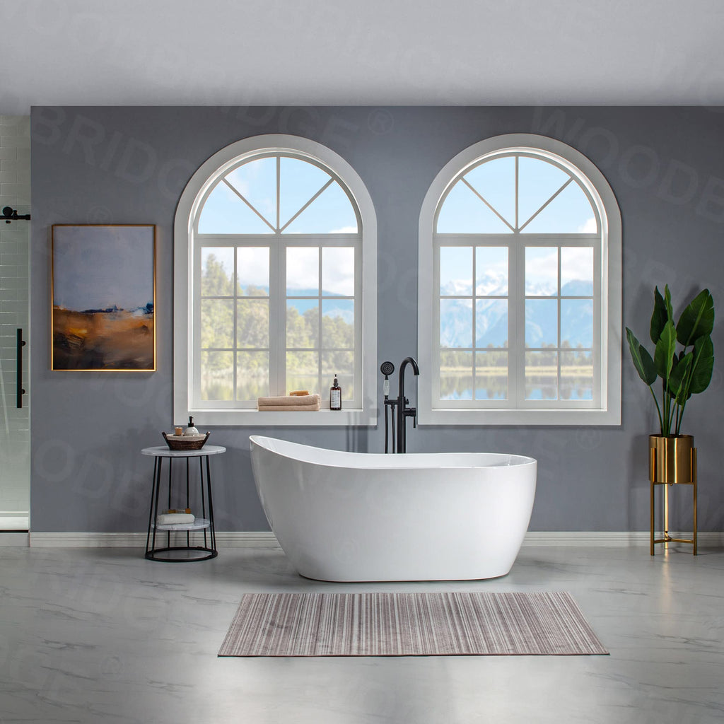 WOODBRIDGE 54" Acrylic Freestanding Bathtub Contemporary Soaking White Tub with Matte Black Overflow and Drain,B0006-MB