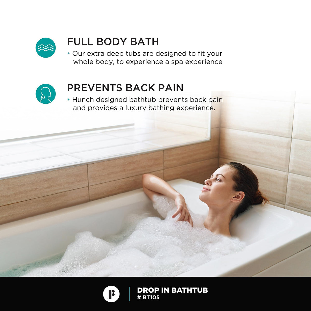 Fine Fixtures Drop In White Soaking Bathtub, Fiberglass Acrylic Material, 60"L x 32"W x 19"H