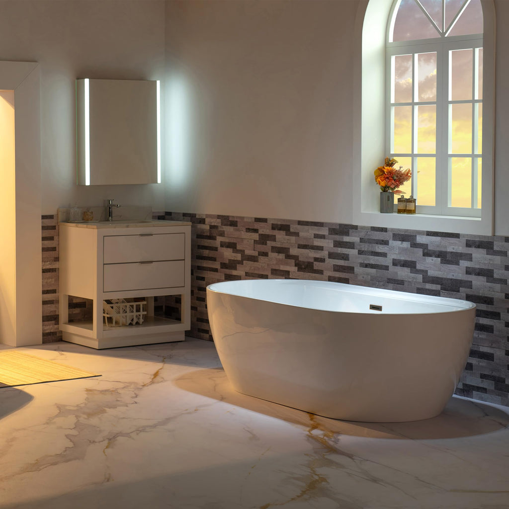 WOODBRIDGE 72" Acrylic Freestanding Bathtub Contemporary Soaking White Tub with Brushed Nickel Overflow and Drain,B0059BN
