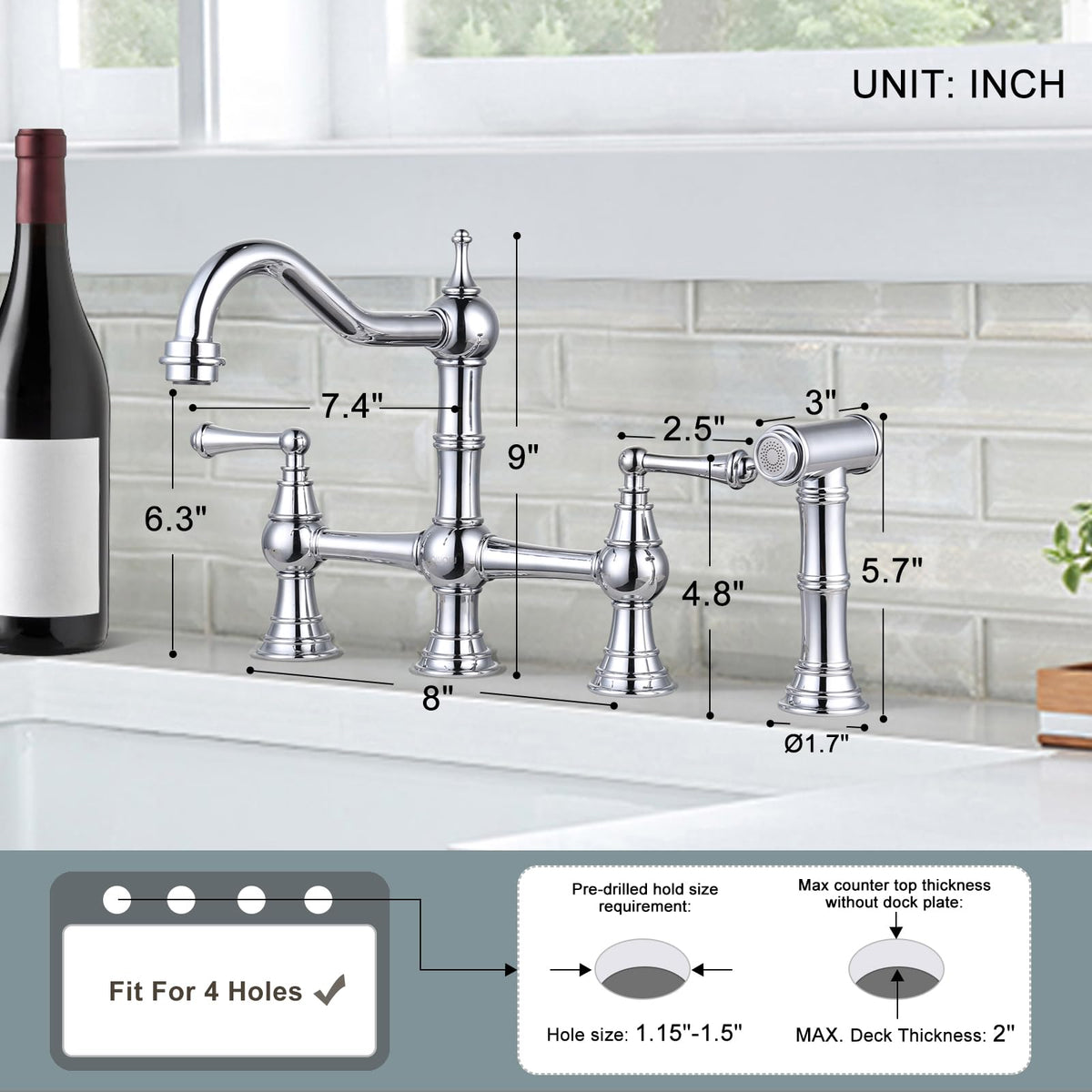 WOWOW Brass Bridge Kitchen Faucet 4 Hole with Side Sprayer, Brushed Gold