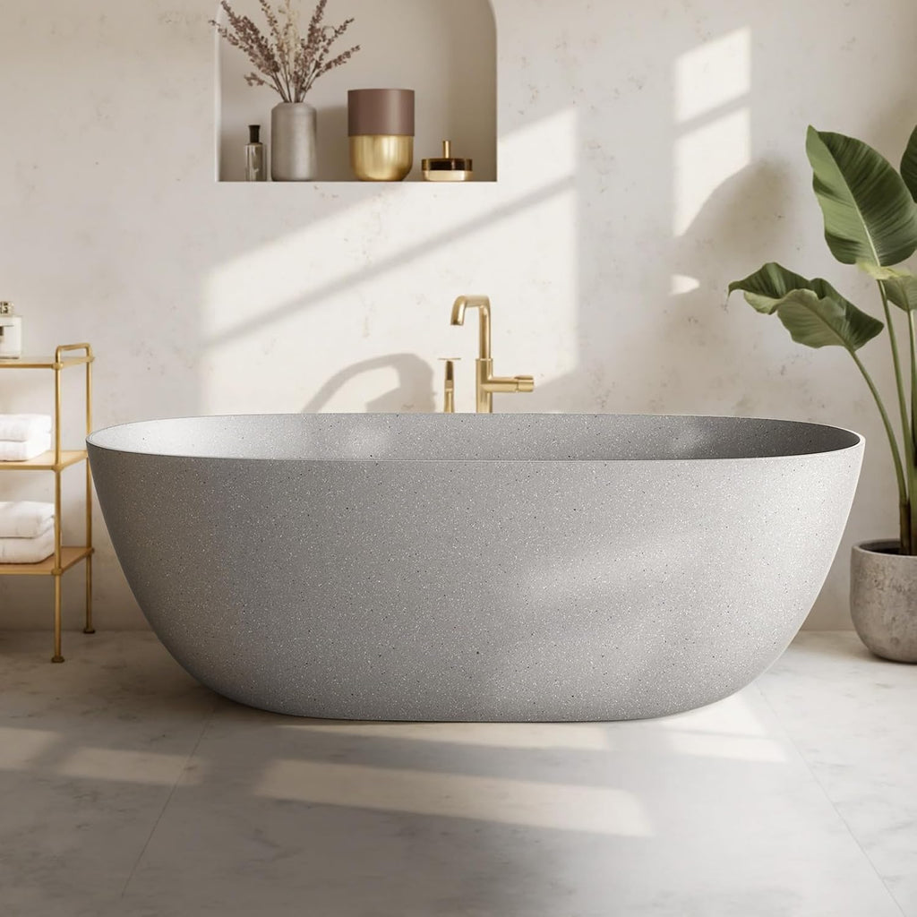 61''Stone Resin Freestanding Bathtub,Solid Surface Soaking Tub with Deep Bath Design, Modern Oval Free Standing Tub with Integrated Drain & Hidden Overflow, Starry Gray