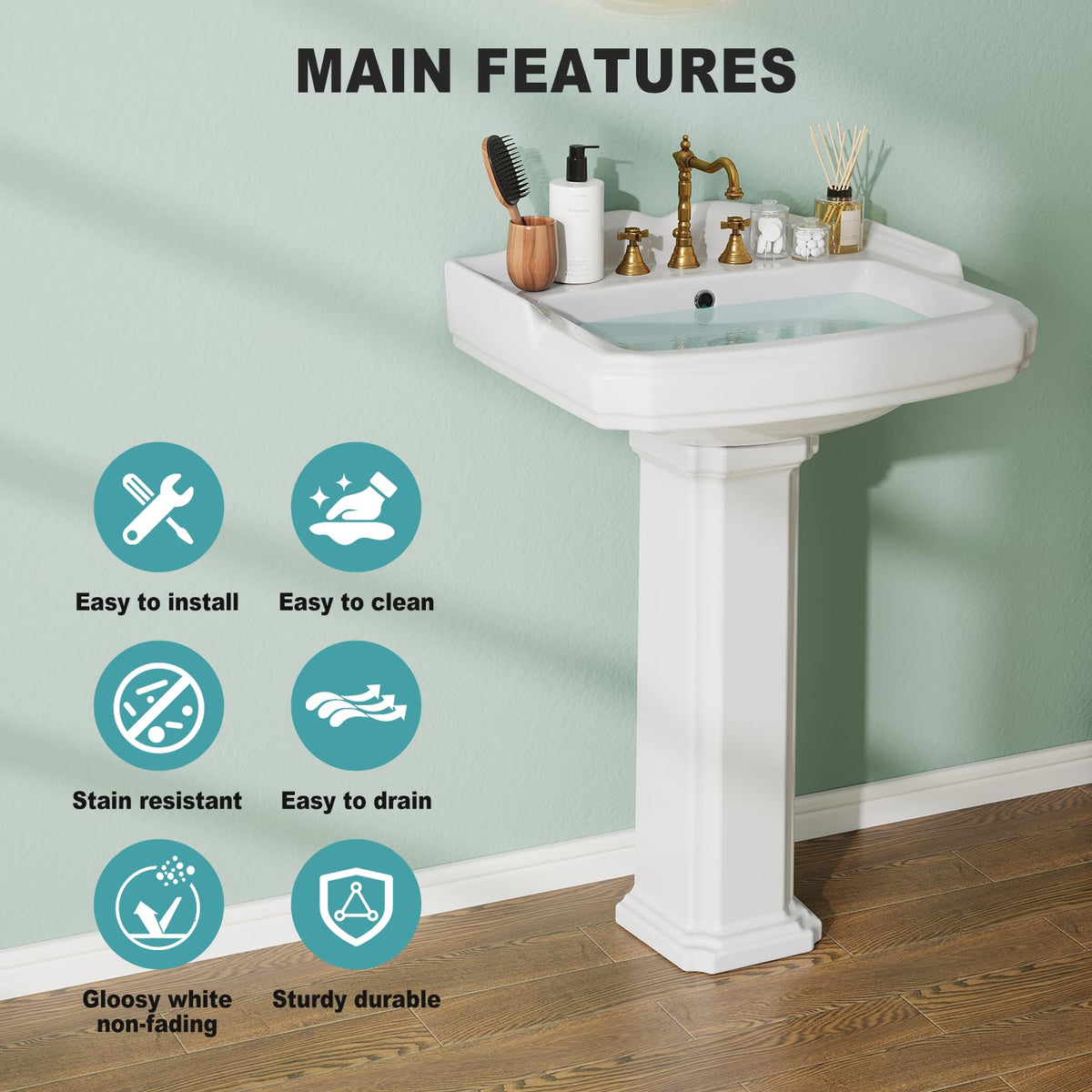 26" W X 20" D Bathroom Pedestal Sink, Rectangular White Ceramic Vanity Sink with Overflow and 3 Pre-Drilled Holes - Fits 8-Inch Faucets,Freestanding Restroom Sink Combo for Small Spaces