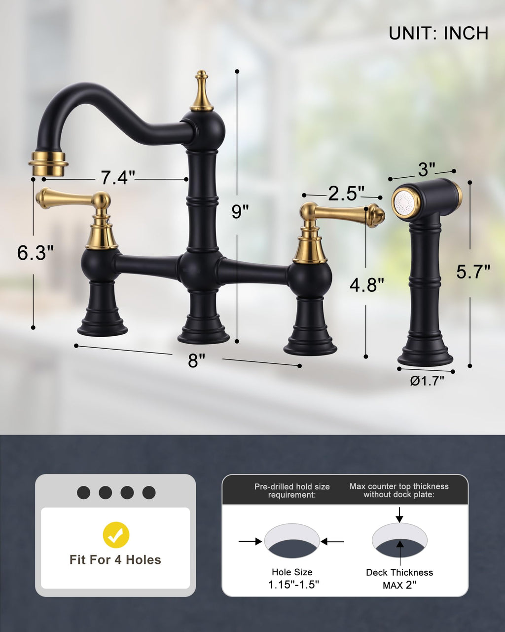 WOWOW Brass Bridge Kitchen Faucet 4 Hole with Side Sprayer, Brushed Gold