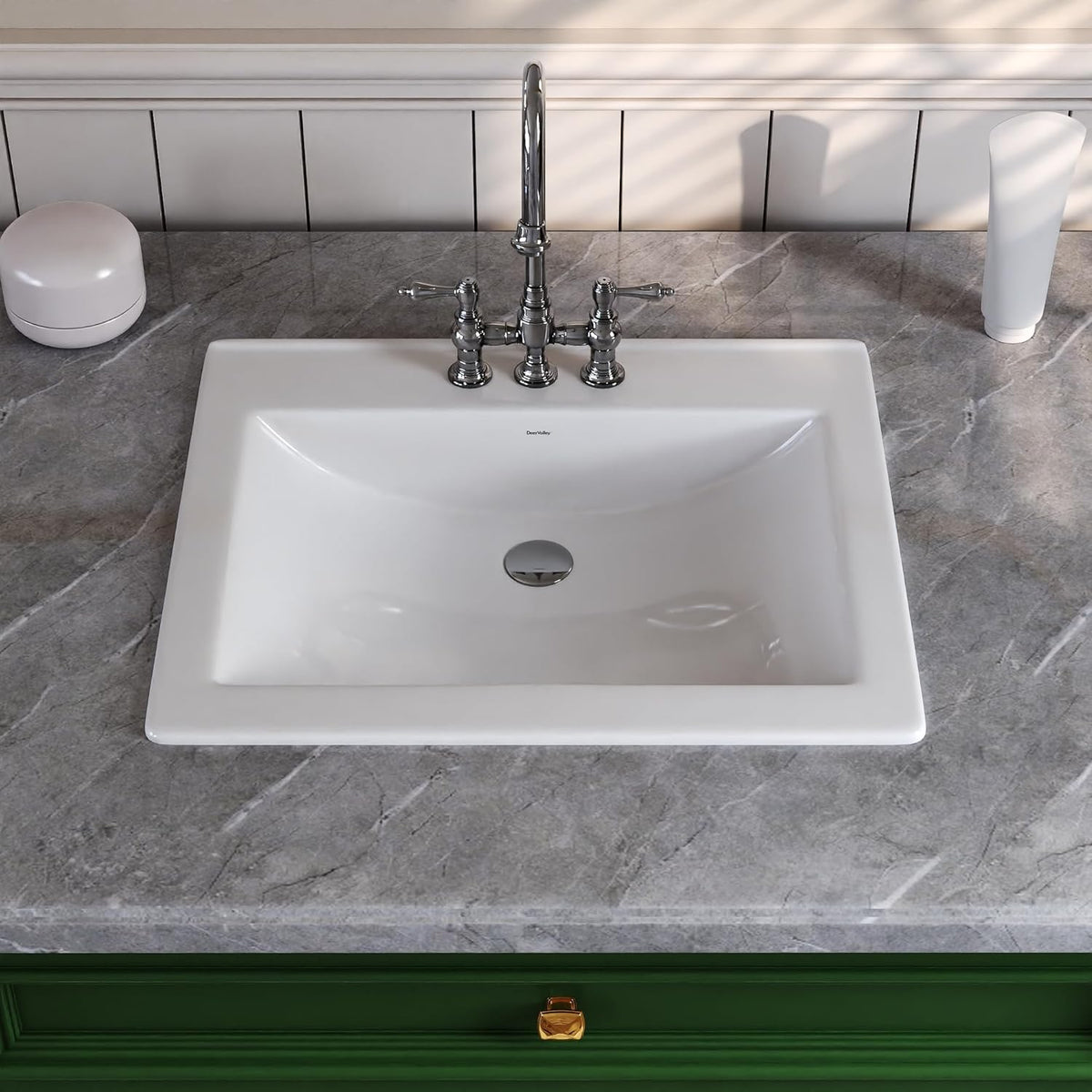 DeerValley Drop In Bathroom Sink White 21"x18" Rectangle Sleek 3-Hole Basin