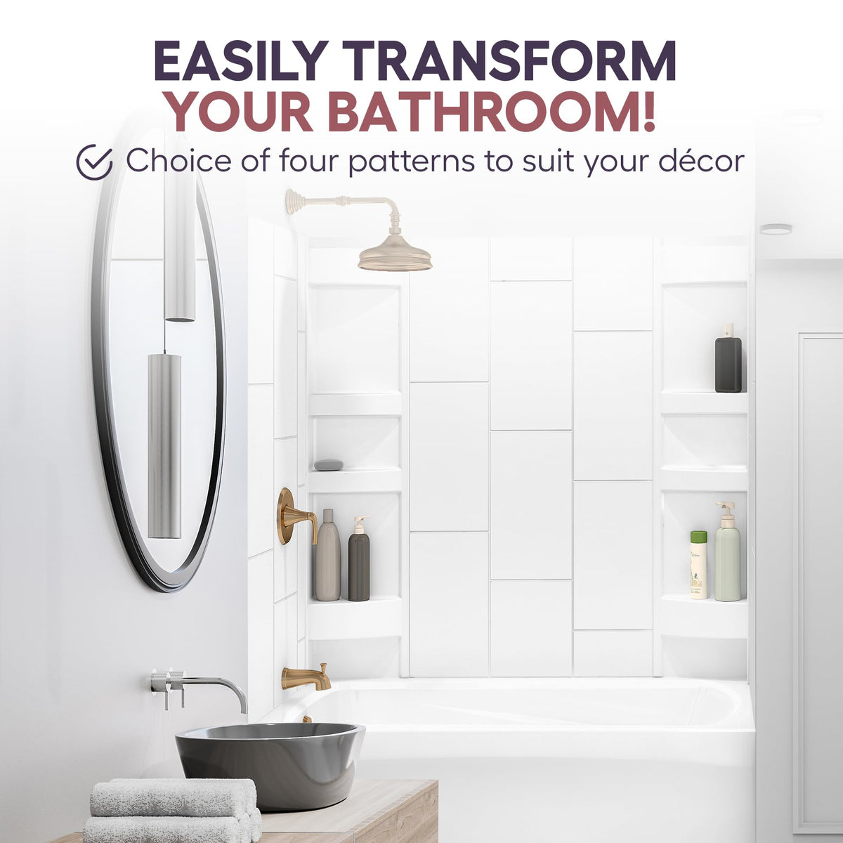 White Acrylic Tub Wall Surround D32 x W60 x H58 - Stacked Tiles Pattern