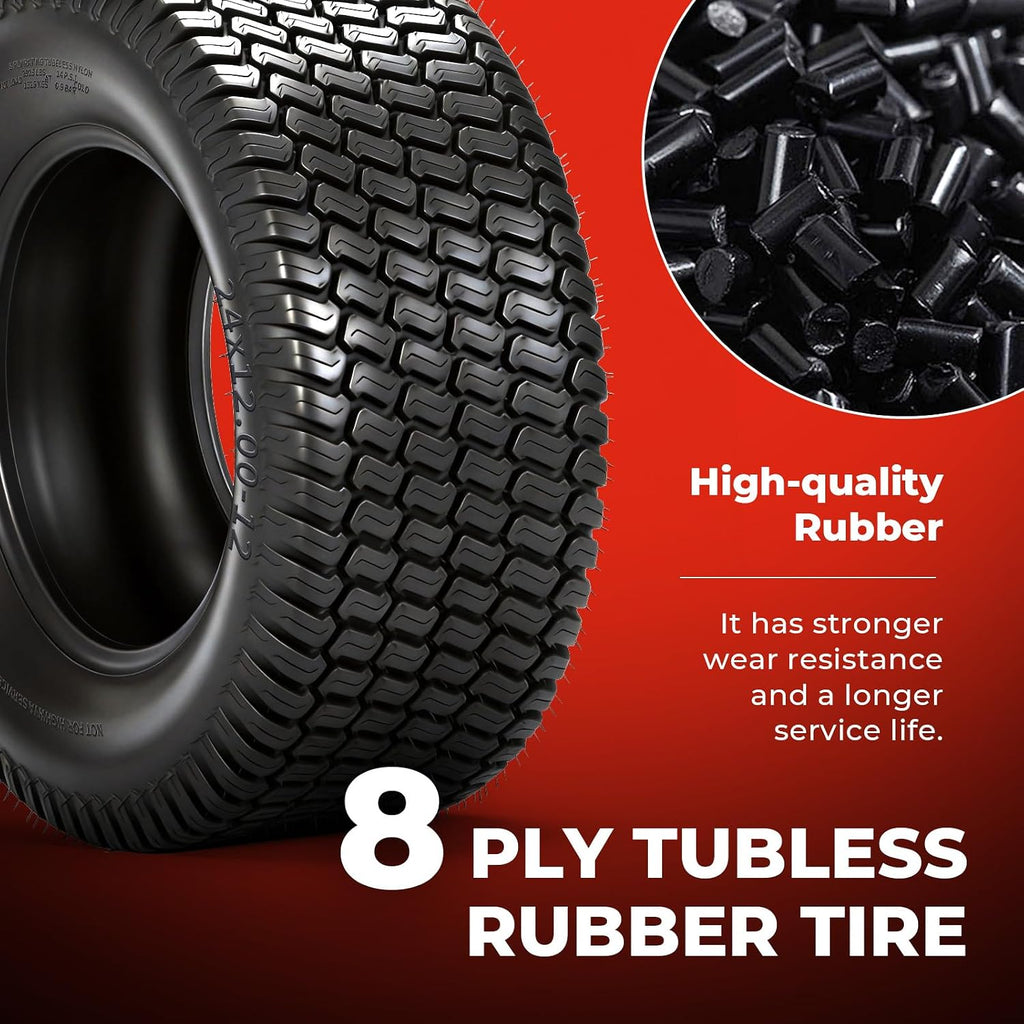 24x12.00-12 Lawn Mower Turf Tires, 8 Ply Tubeless, Set of 2