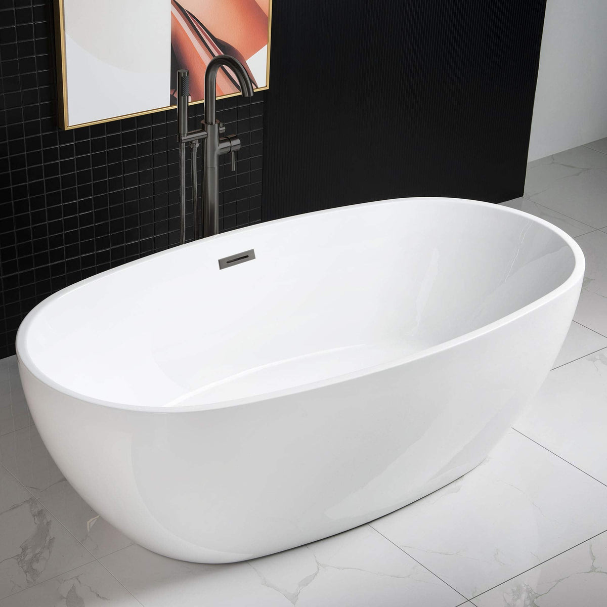 WOODBRIDGE 59"Freestanding White Acylic Soaking Bathtub with Brushed Nickel Drain and Overflow,BTA1518 -B/N-Drain &O