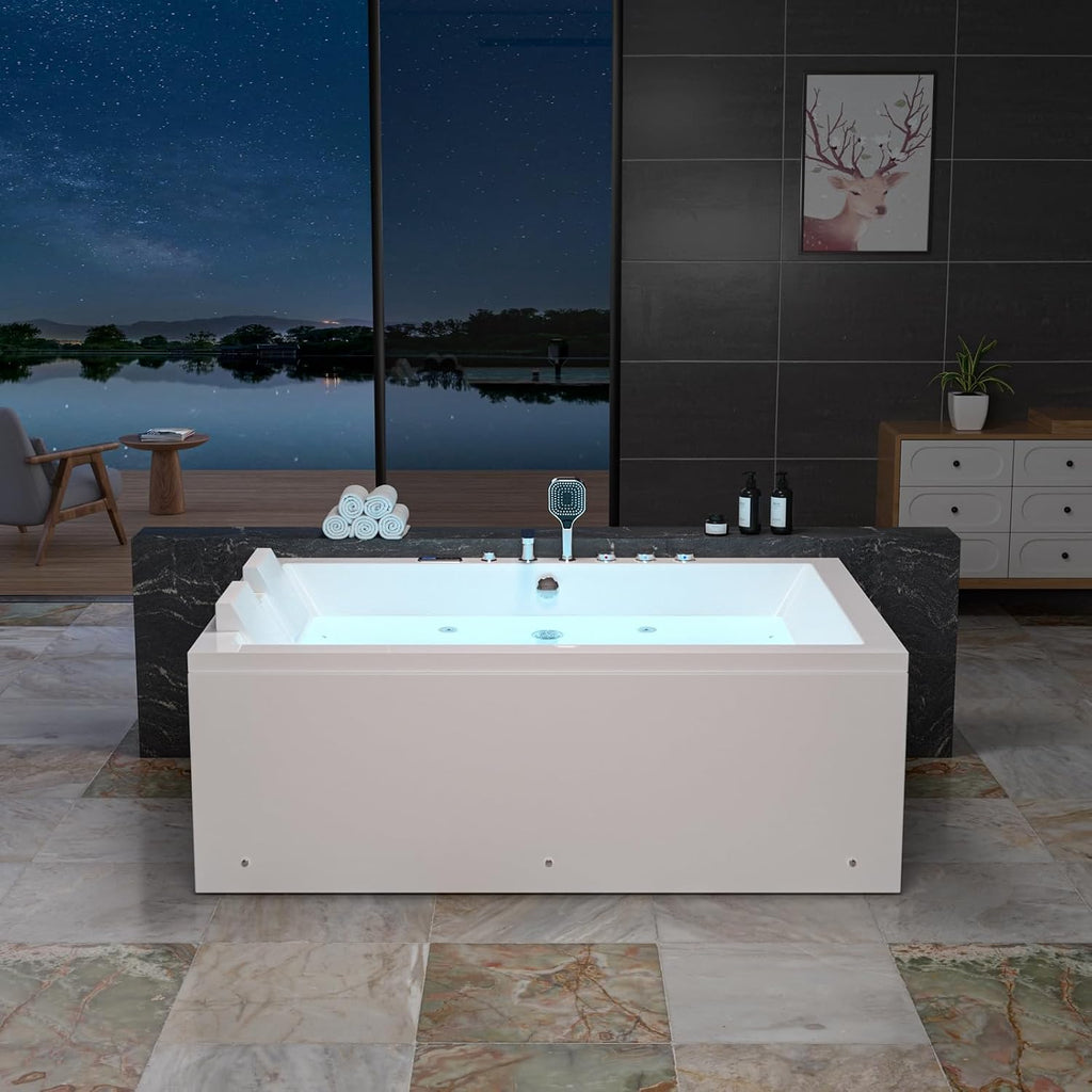 Empava PRO Series Whirlpool Bathtub for Two, Heated Jetted Tub with Air Bubble Jets & Chromotherapy Lights, Acrylic Soaking Spa Tub, Thermostatic Control, Self-Cleaning, ETL Certified, White, 71"