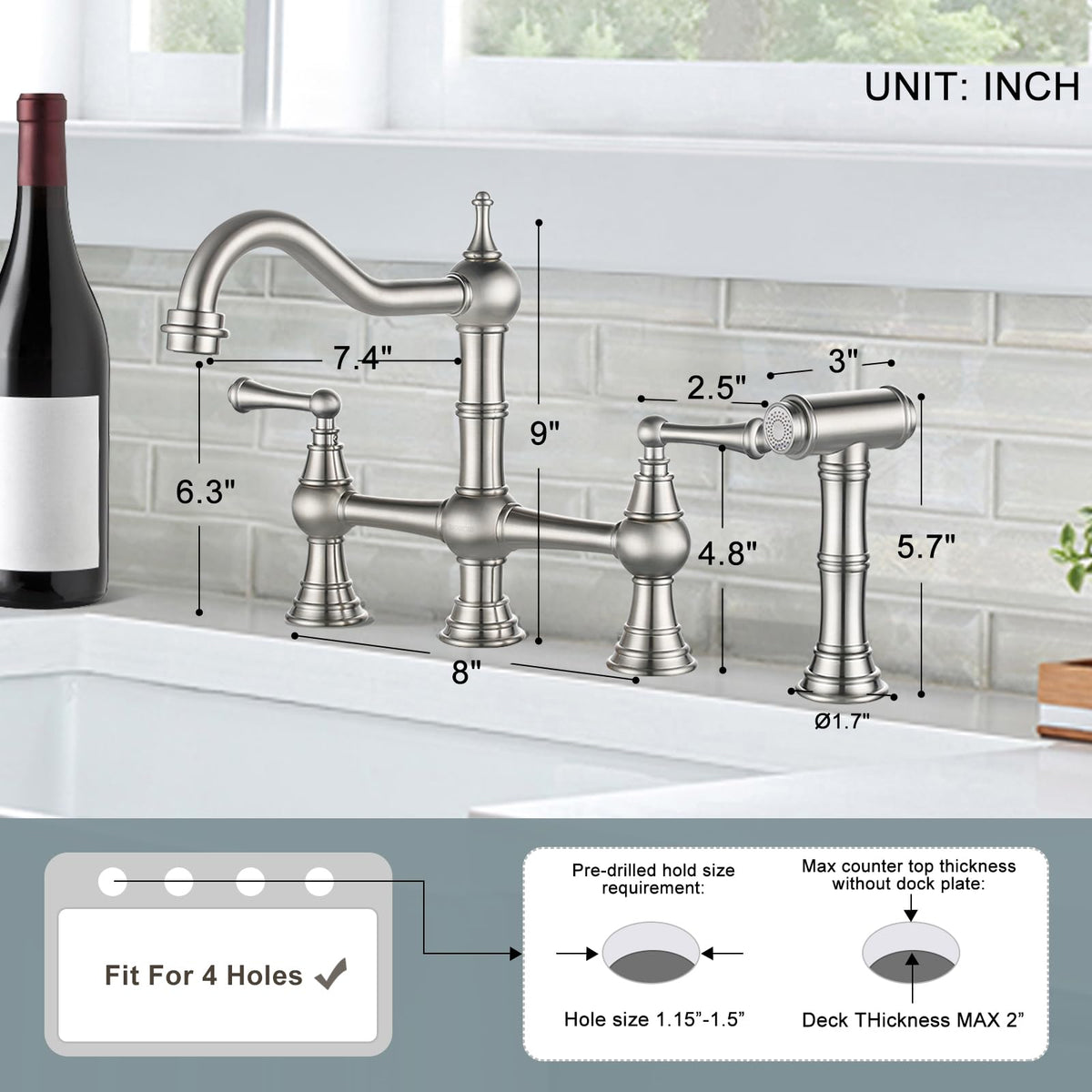 WOWOW Brass Bridge Kitchen Faucet 4 Hole with Side Sprayer, Brushed Gold