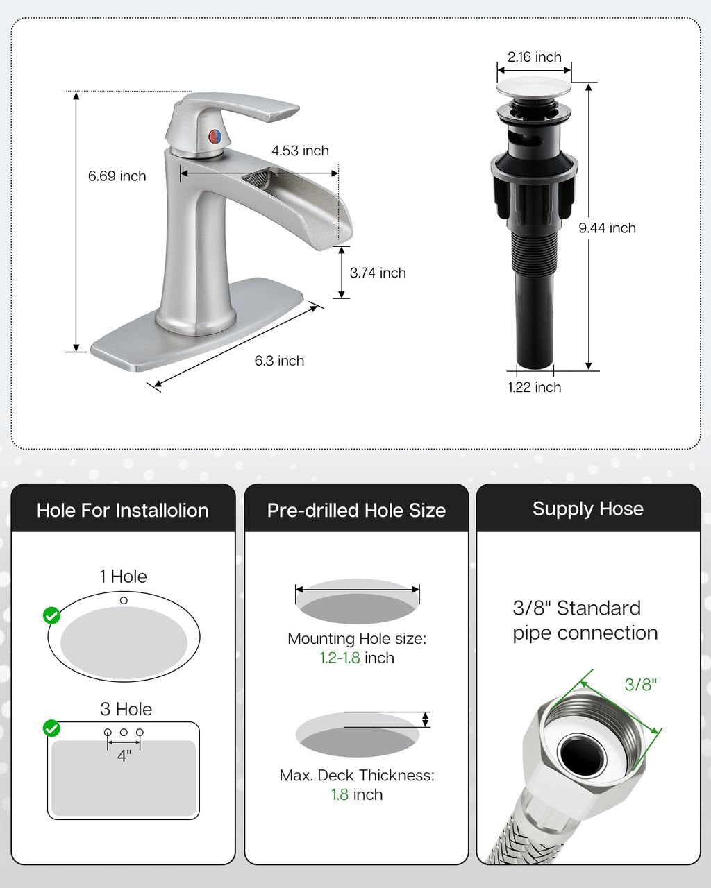 Fapully Brushed Nickel Bathroom Faucet 3 Hole, Waterfall 8 Inch Widespread Bathroom Sink Faucet with Pop-up Drain, Two-Handle Faucet for Bathroom Sink