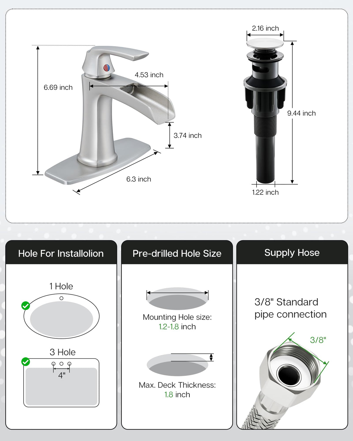 Fapully Brushed Nickel Bathroom Faucet 3 Hole, Waterfall 8 Inch Widespread Bathroom Sink Faucet with Pop-up Drain, Two-Handle Faucet for Bathroom Sink