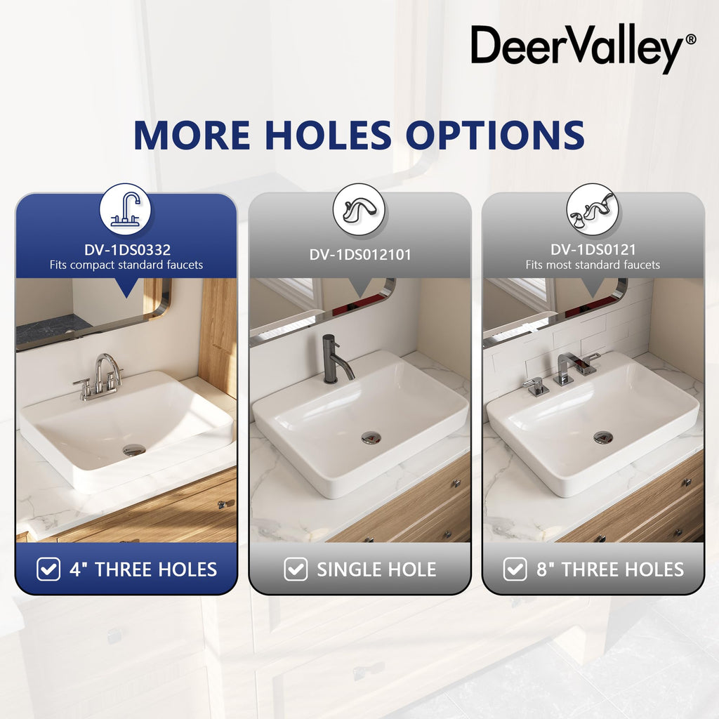 DeerValley Drop In Bathroom Sink White 21"x18" Rectangle Sleek 3-Hole Basin