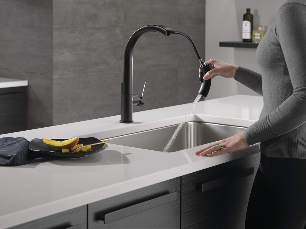 Delta Keele Brushed Nickel Kitchen Faucet with Pull Down Sprayer, Modern Single Hole Kitchen Sink Faucet, Single Handle, Spotshield Stainless 19824LF-SP