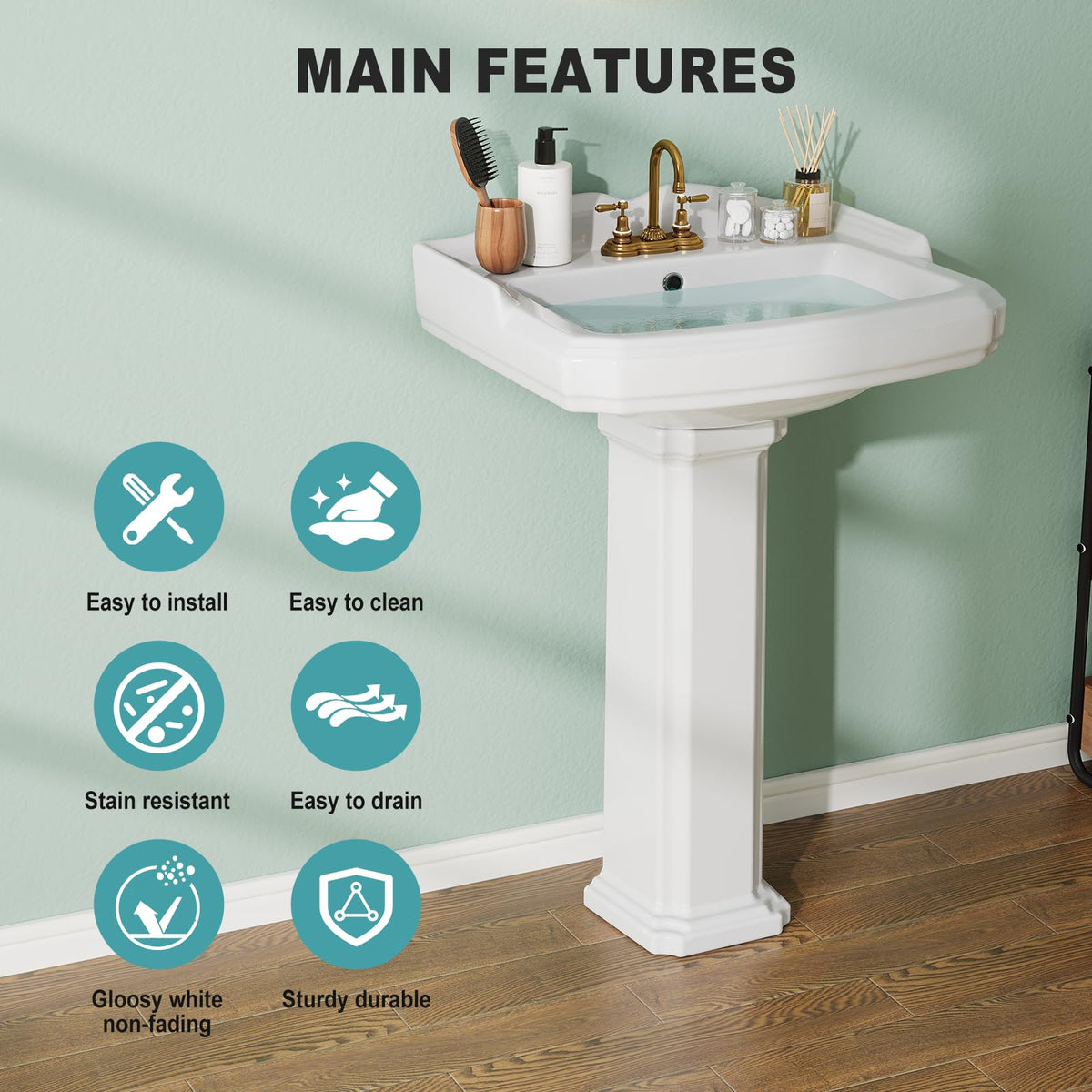26" W X 20" D Bathroom Pedestal Sink, Rectangular White Ceramic Vanity Sink with Overflow and 3 Pre-Drilled Holes - Fits 8-Inch Faucets,Freestanding Restroom Sink Combo for Small Spaces