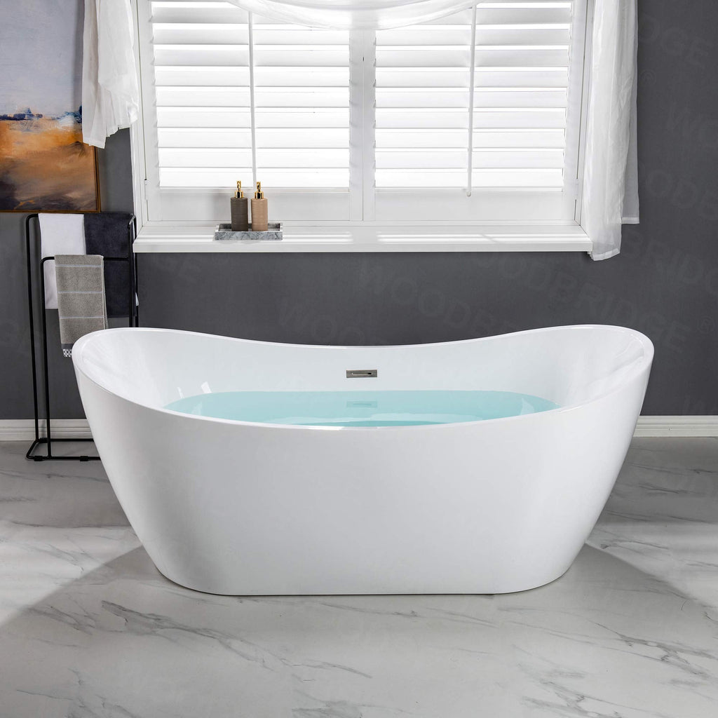 WOODBRIDGE 71" Acrylic Freestanding Bathtub Contemporary Soaking White Tub with Brushed Gold Overflow and Drain,B0017-BG
