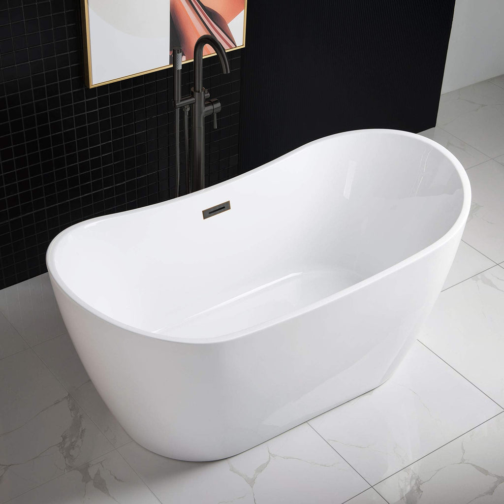 WOODBRIDGE 67" Acrylic Freestanding Bathtub Contemporary Soaking White Tub with Brushed Gold Overflow and Drain,B0010-BG
