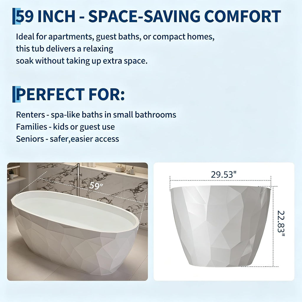 59" Acrylic Freestanding Bathtub, Contemporary Stand Alone Soaking Tub with Ergonomic Design, Integrated Overflow and Chrome Drain, cUPC Certified Free Standing Tub for Bathroom Renovation, Home Spa