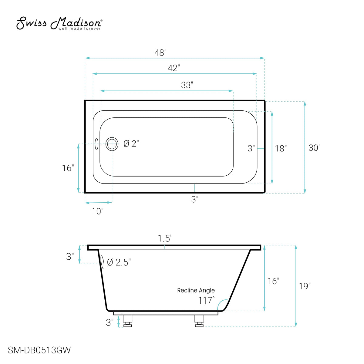 Swiss Madison Voltaire 66" x 36" Reversible Drain Drop-In Bathtub